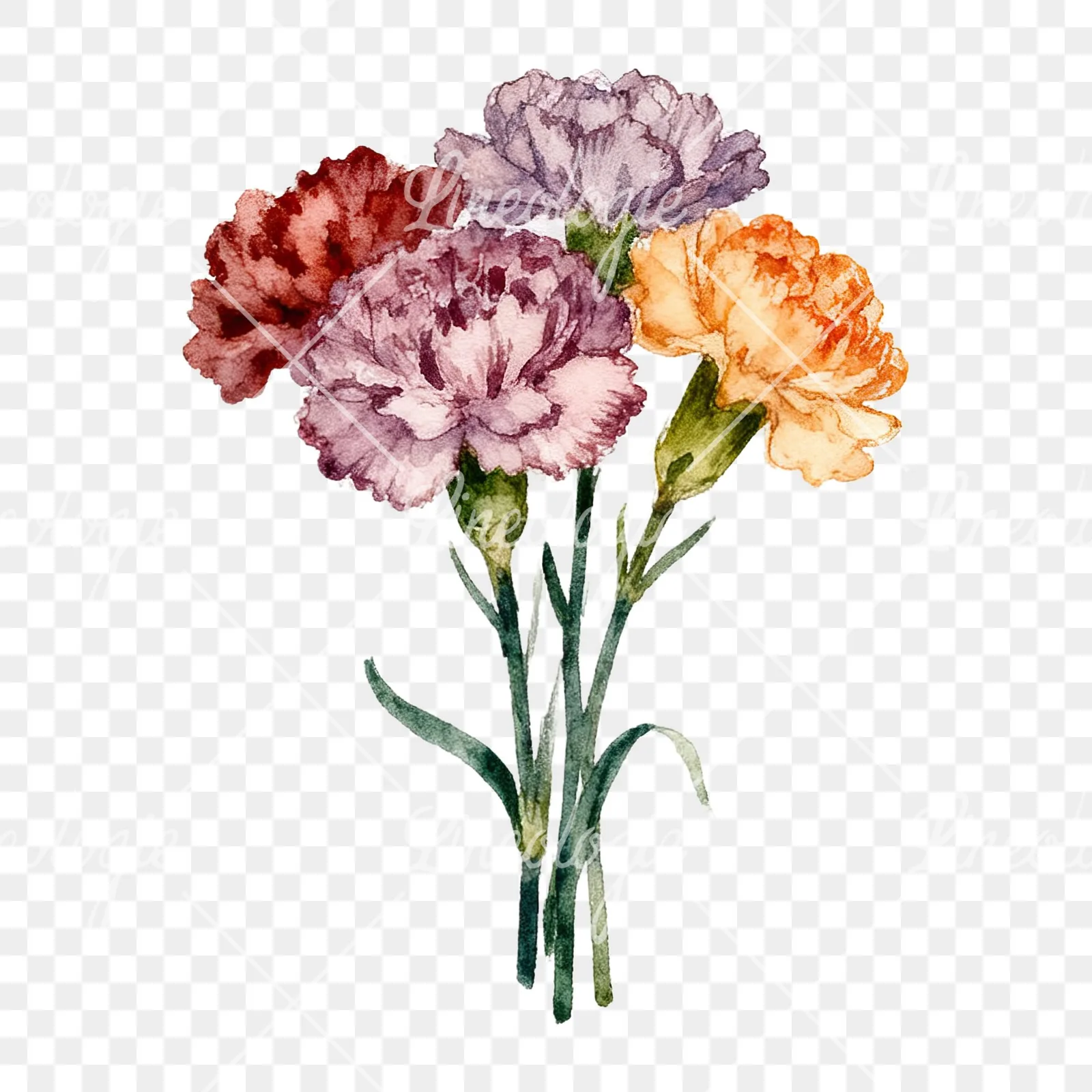 Watercolor carnation bouquet with white blooms clipart 6 of 9 on a transparent background (PNG)