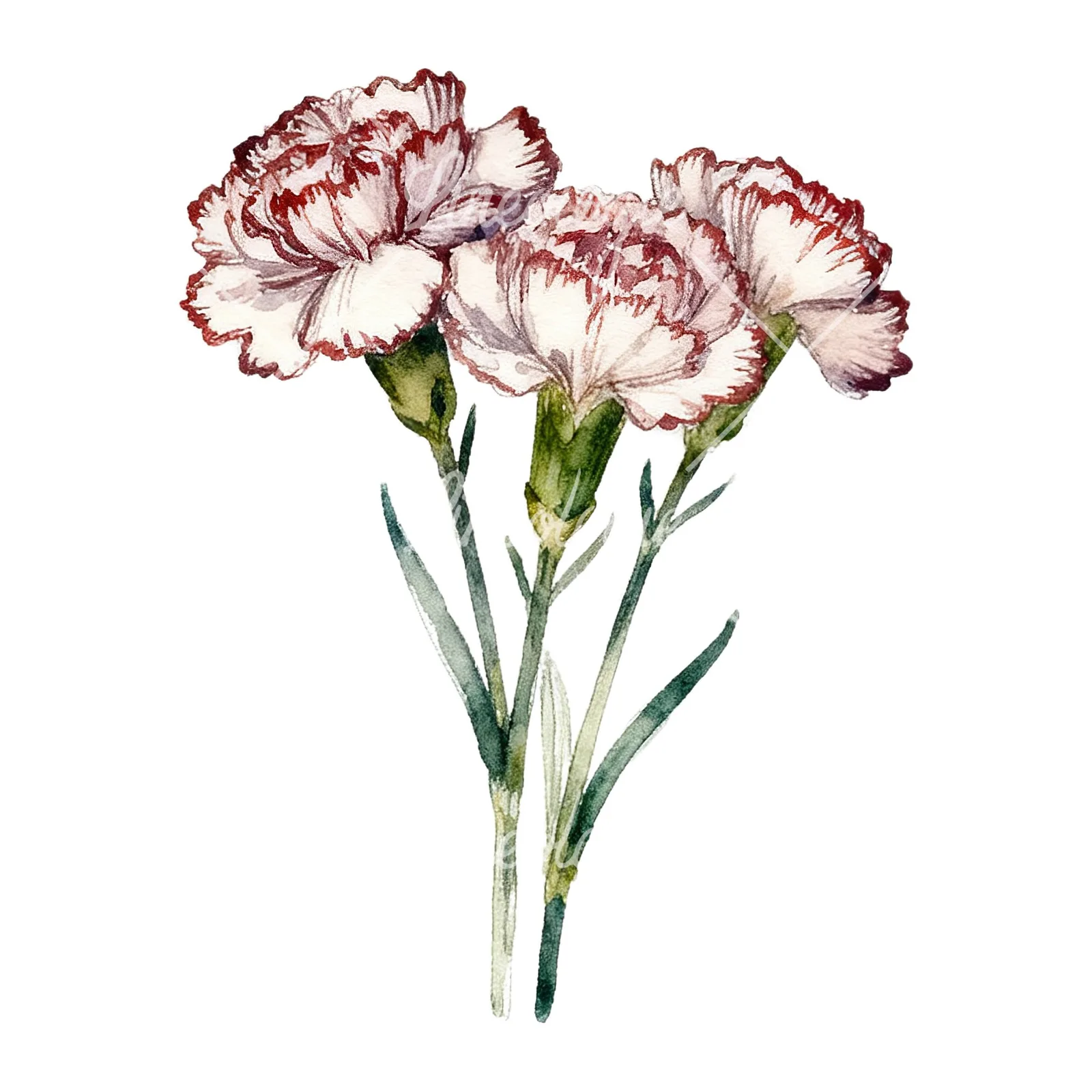 Watercolor carnation bouquet with white blooms clipart 7 of 9 on a white background (JPG)