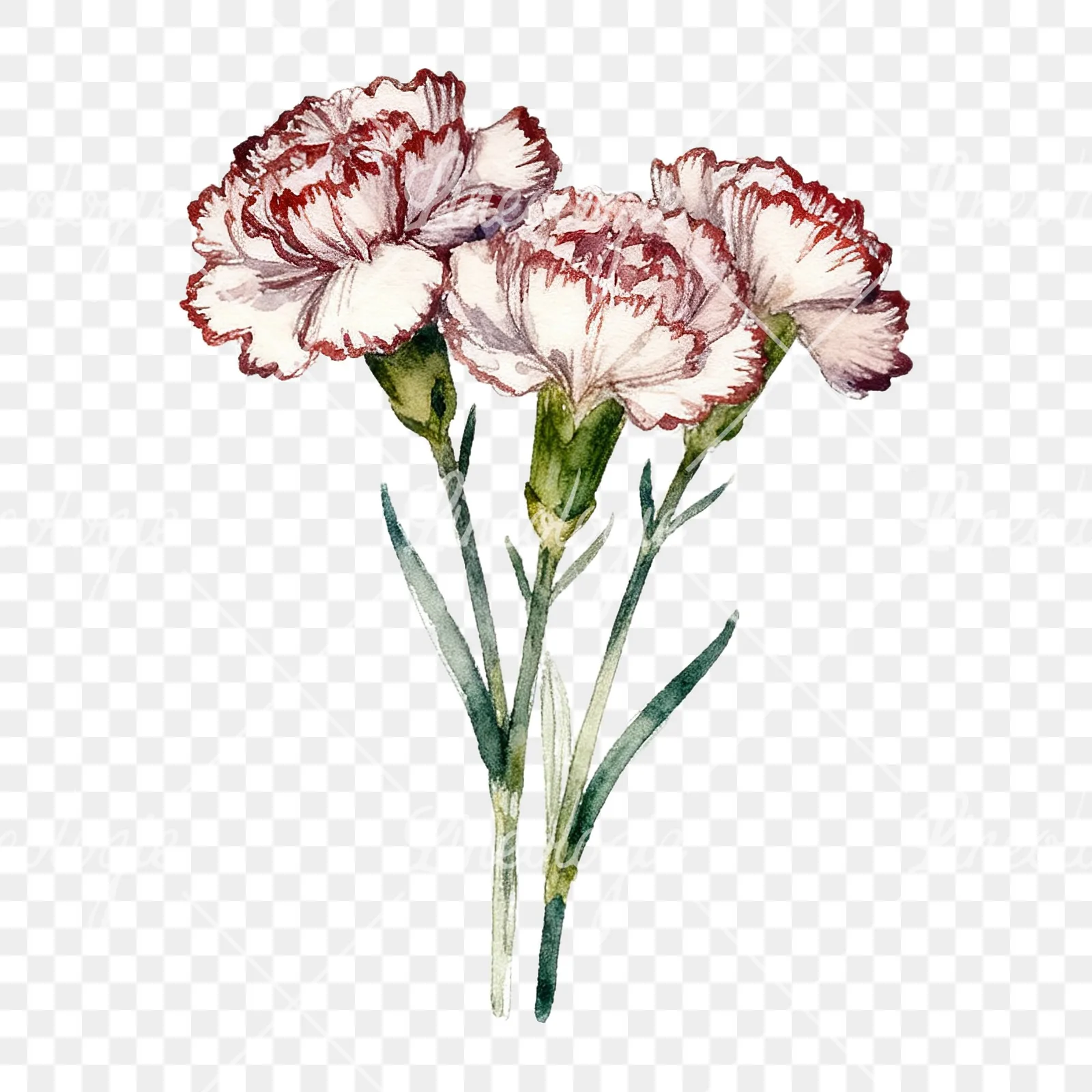 Watercolor carnation bouquet with white blooms clipart 7 of 9 on a transparent background (PNG)