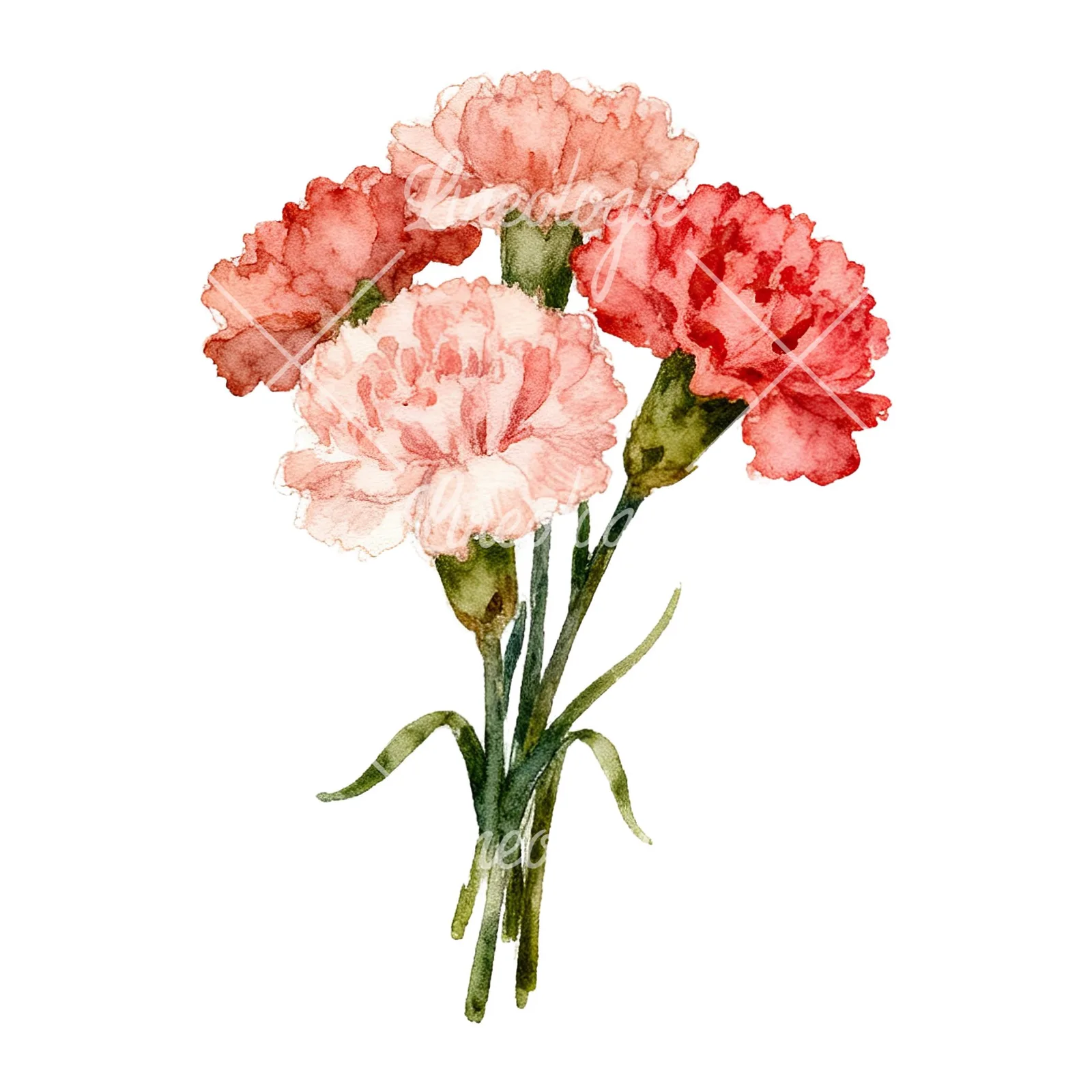 Watercolor carnation bouquet with white blooms clipart 8 of 9 on a white background (JPG)