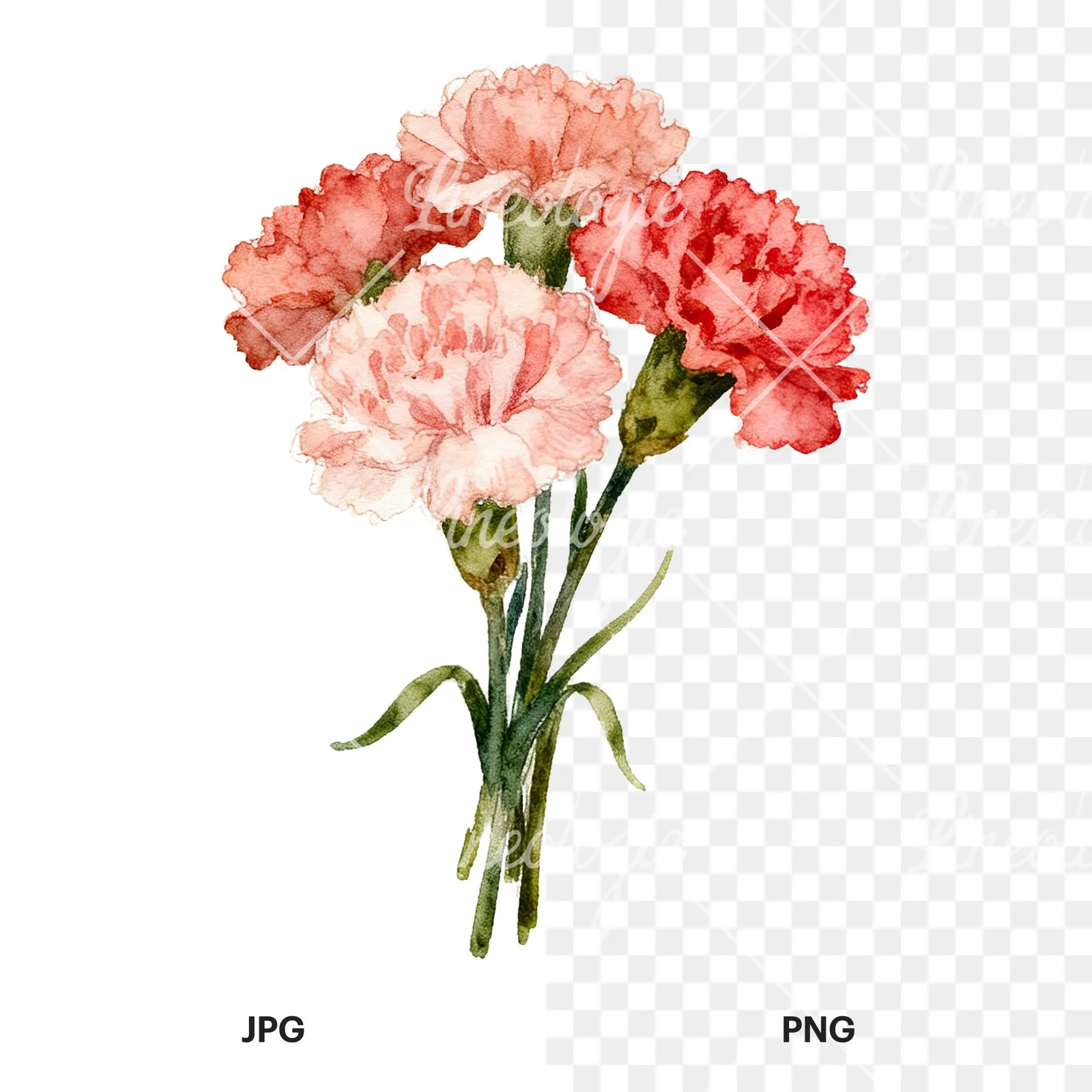 Watercolor carnation bouquet with white blooms clipart 8 of 9, as a JPG on white and a transparent PNG