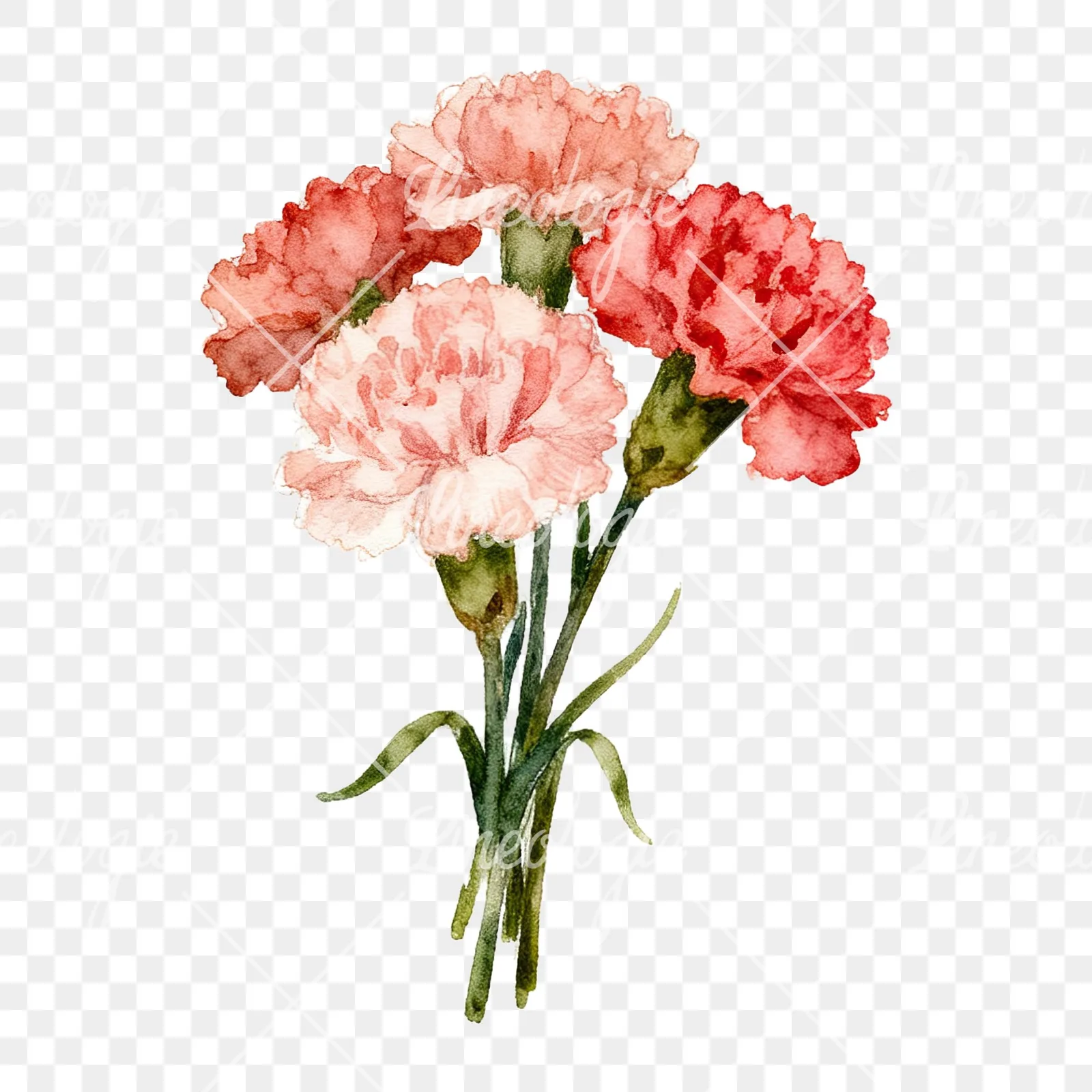 Watercolor carnation bouquet with white blooms clipart 8 of 9 on a transparent background (PNG)