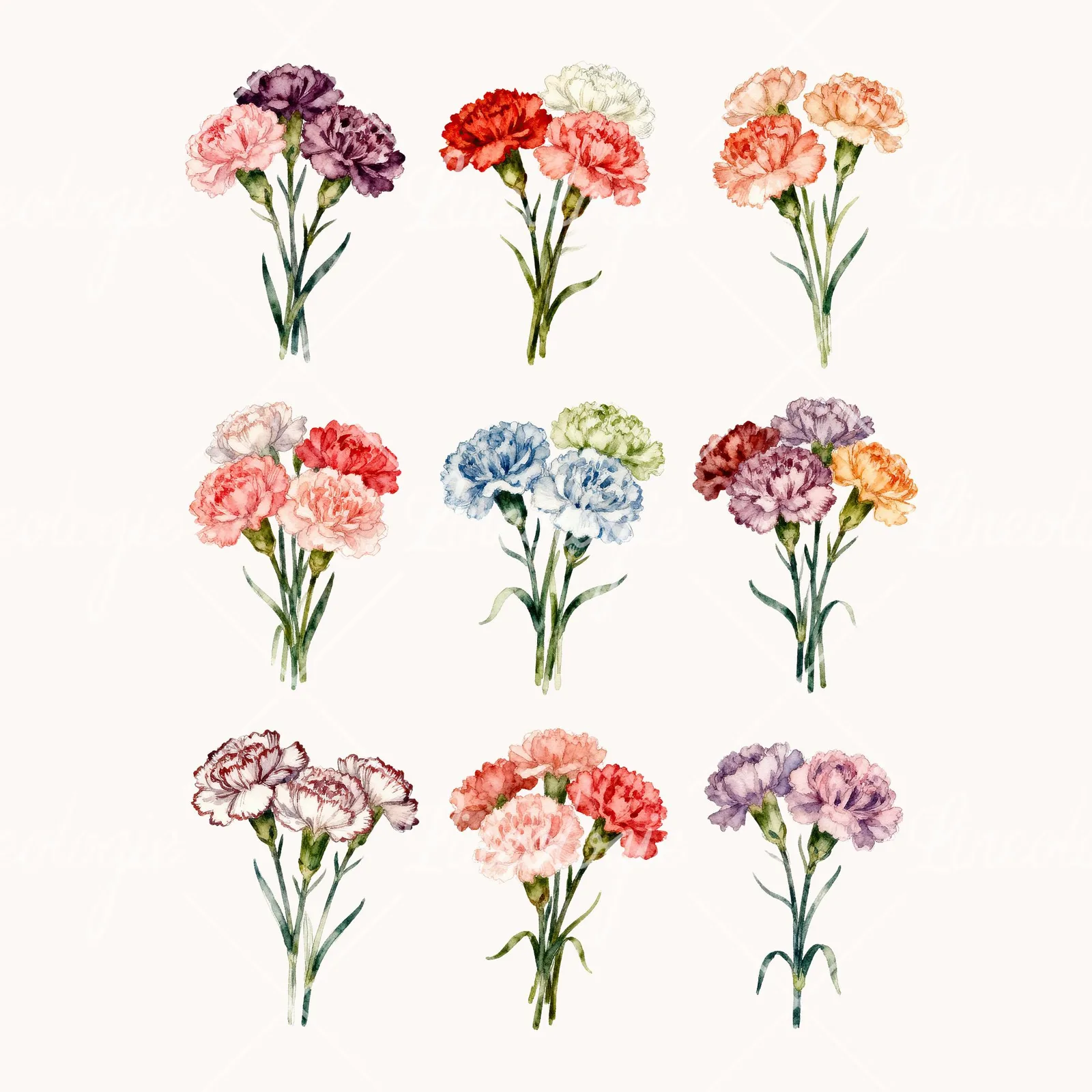 Watercolor Carnation Bouquet with White Blooms Clipart, all 9 illustrations in the pack