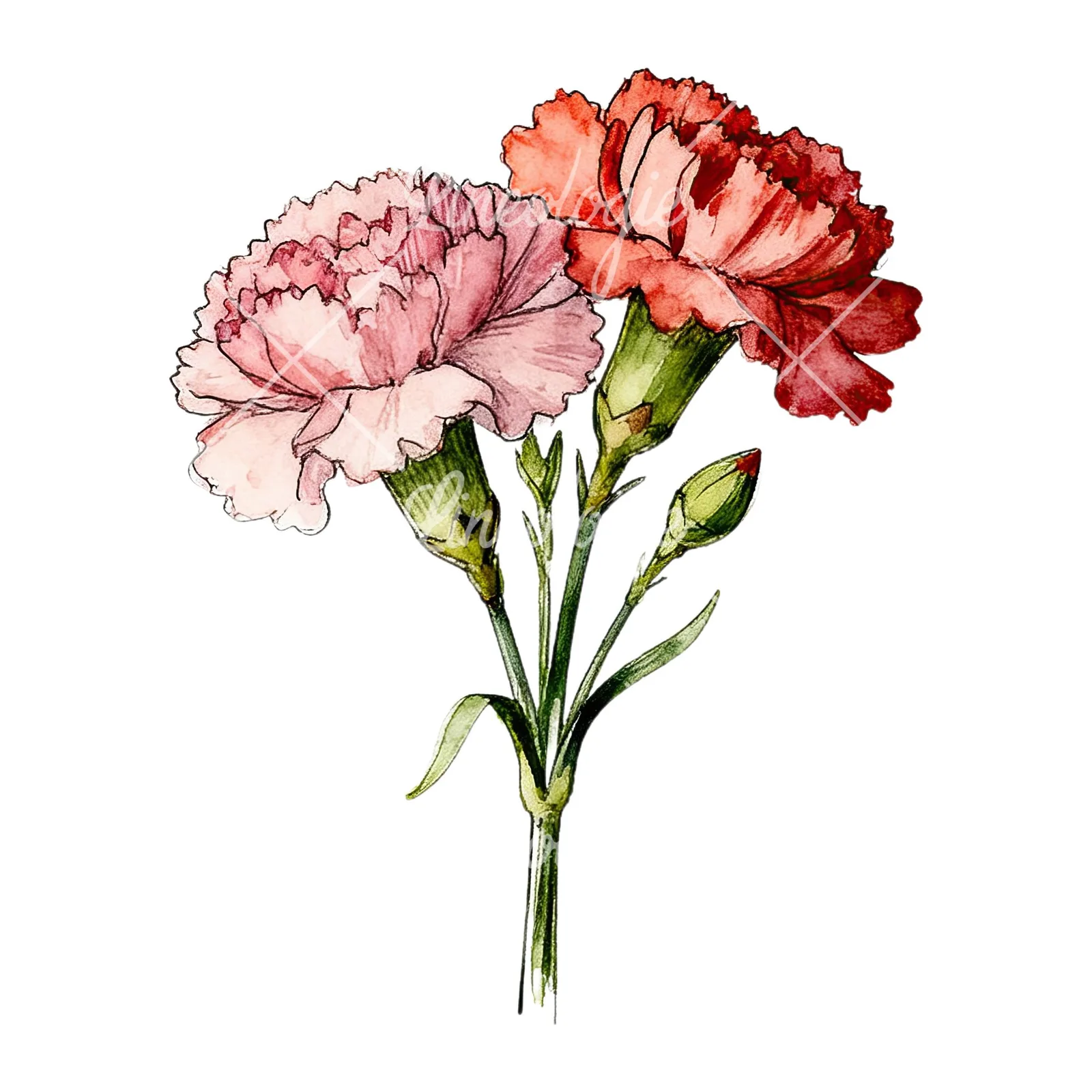 Watercolor carnation bouquet with yellow blooms clipart 2 of 9 on a white background (JPG)