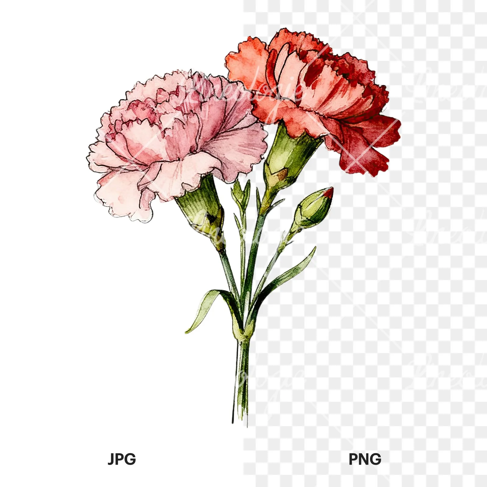 Watercolor carnation bouquet with yellow blooms clipart 2 of 9, as a JPG on white and a transparent PNG