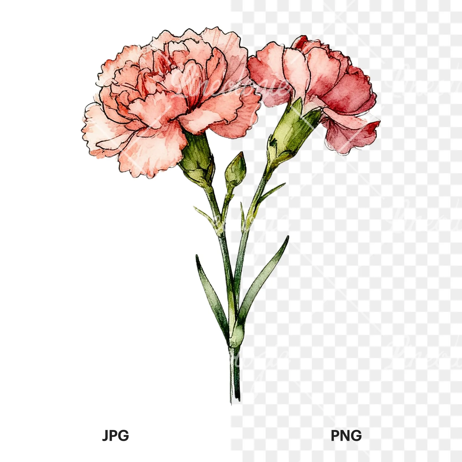 Watercolor carnation bouquet with yellow blooms clipart 3 of 9, as a JPG on white and a transparent PNG