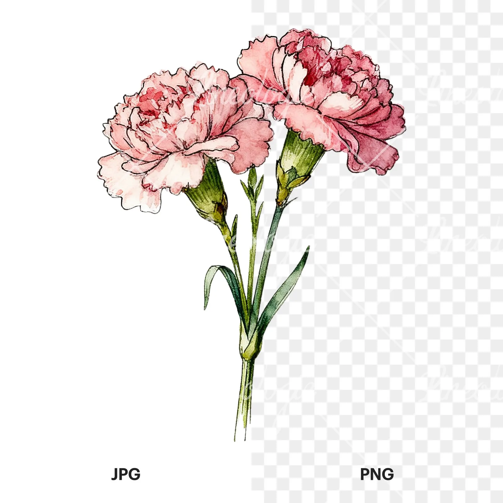 Watercolor carnation bouquet with yellow blooms clipart 4 of 9, as a JPG on white and a transparent PNG