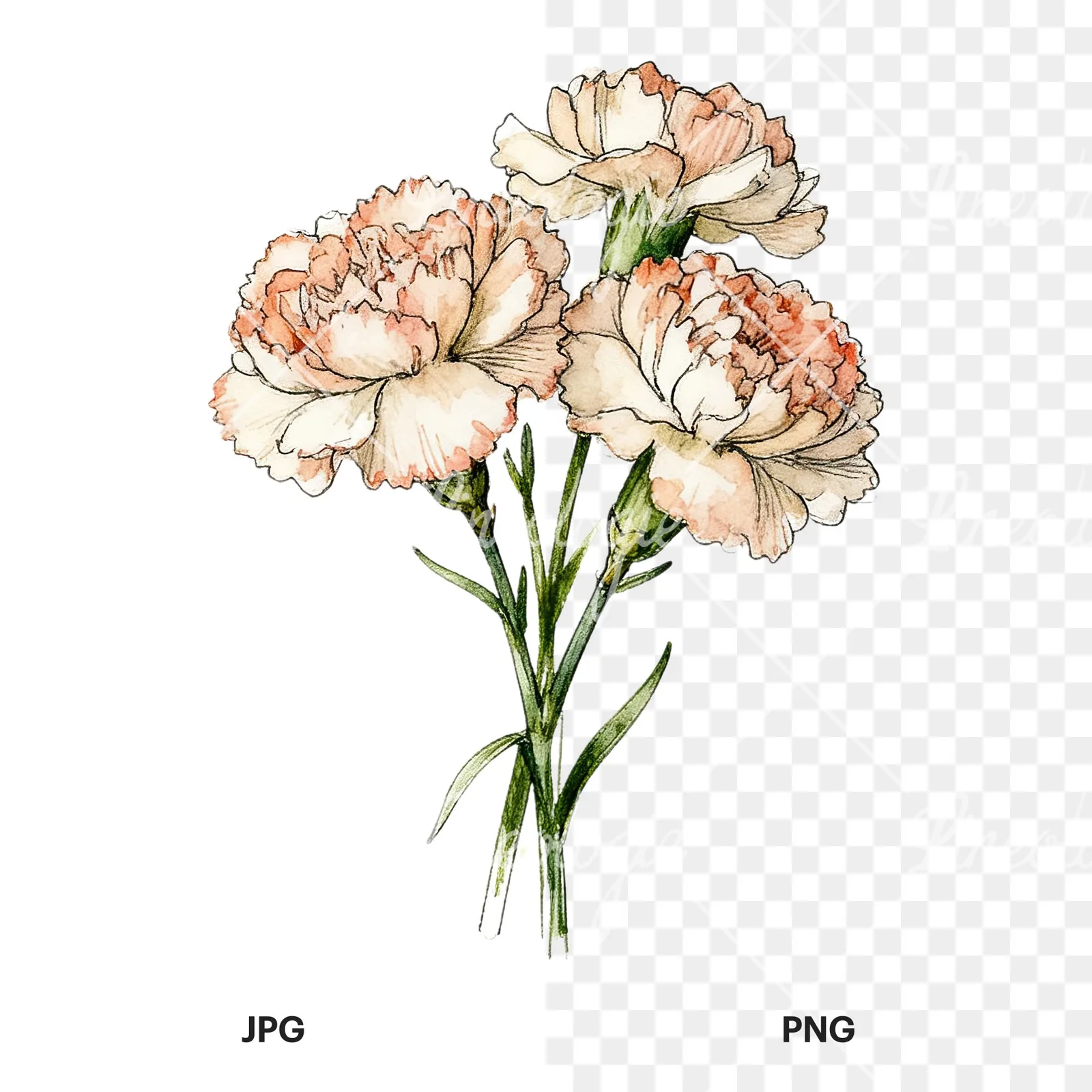Watercolor carnation bouquet with yellow blooms clipart 6 of 9, as a JPG on white and a transparent PNG