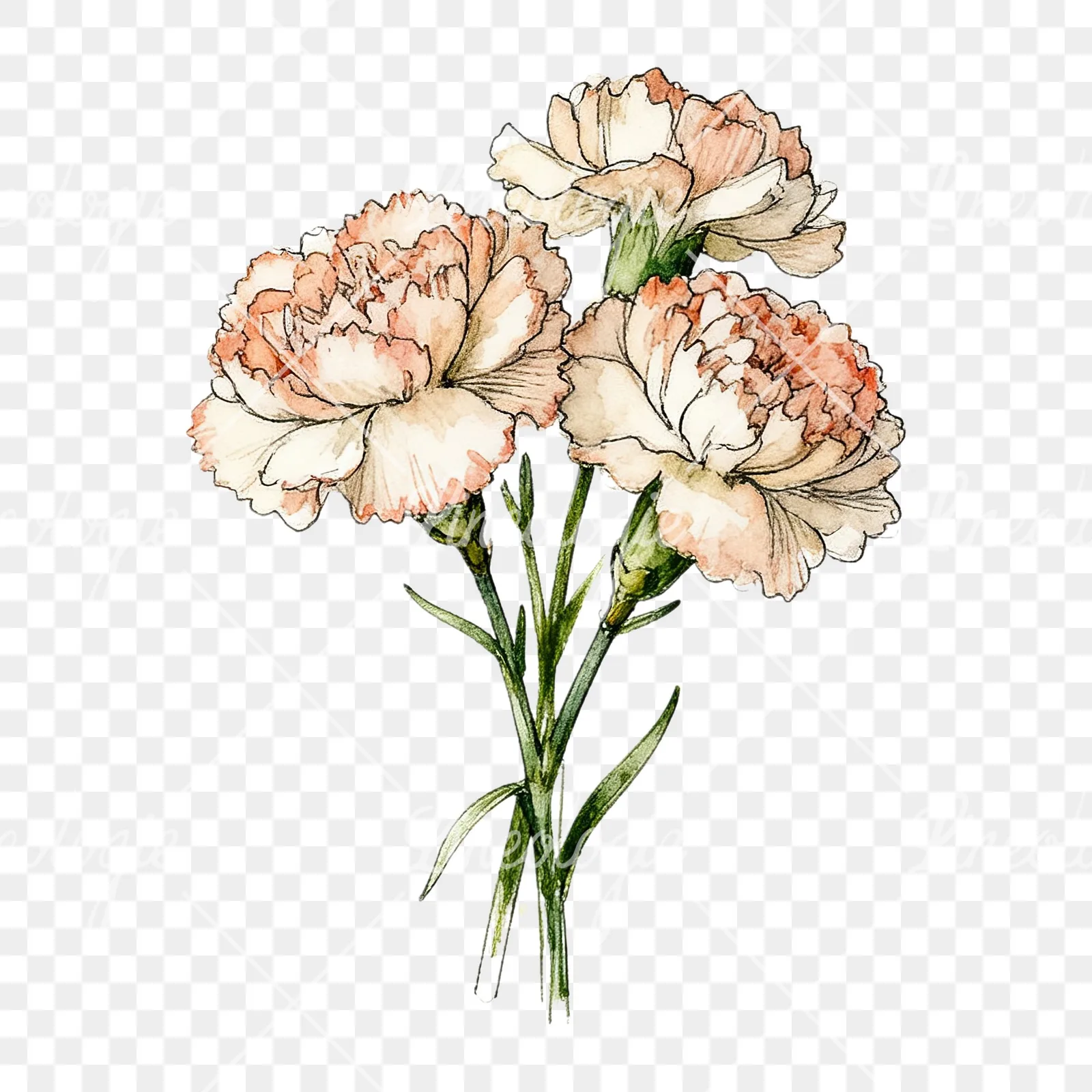 Watercolor carnation bouquet with yellow blooms clipart 6 of 9 on a transparent background (PNG)