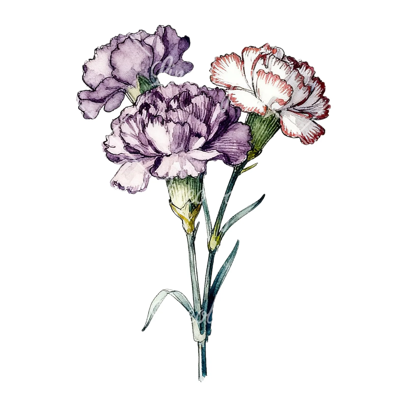 Watercolor carnation bouquet with yellow blooms clipart 7 of 9 on a white background (JPG)