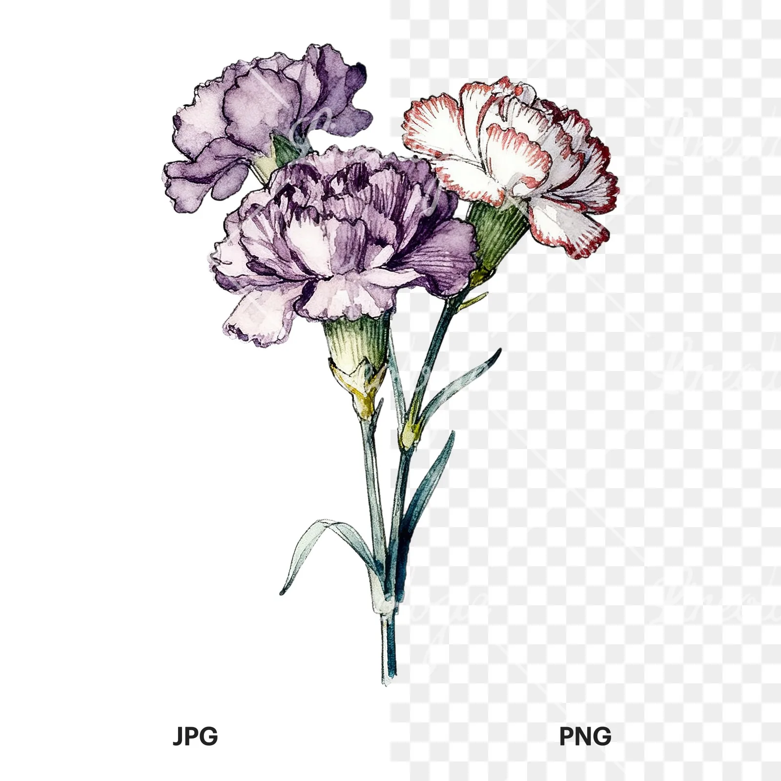 Watercolor carnation bouquet with yellow blooms clipart 7 of 9, as a JPG on white and a transparent PNG