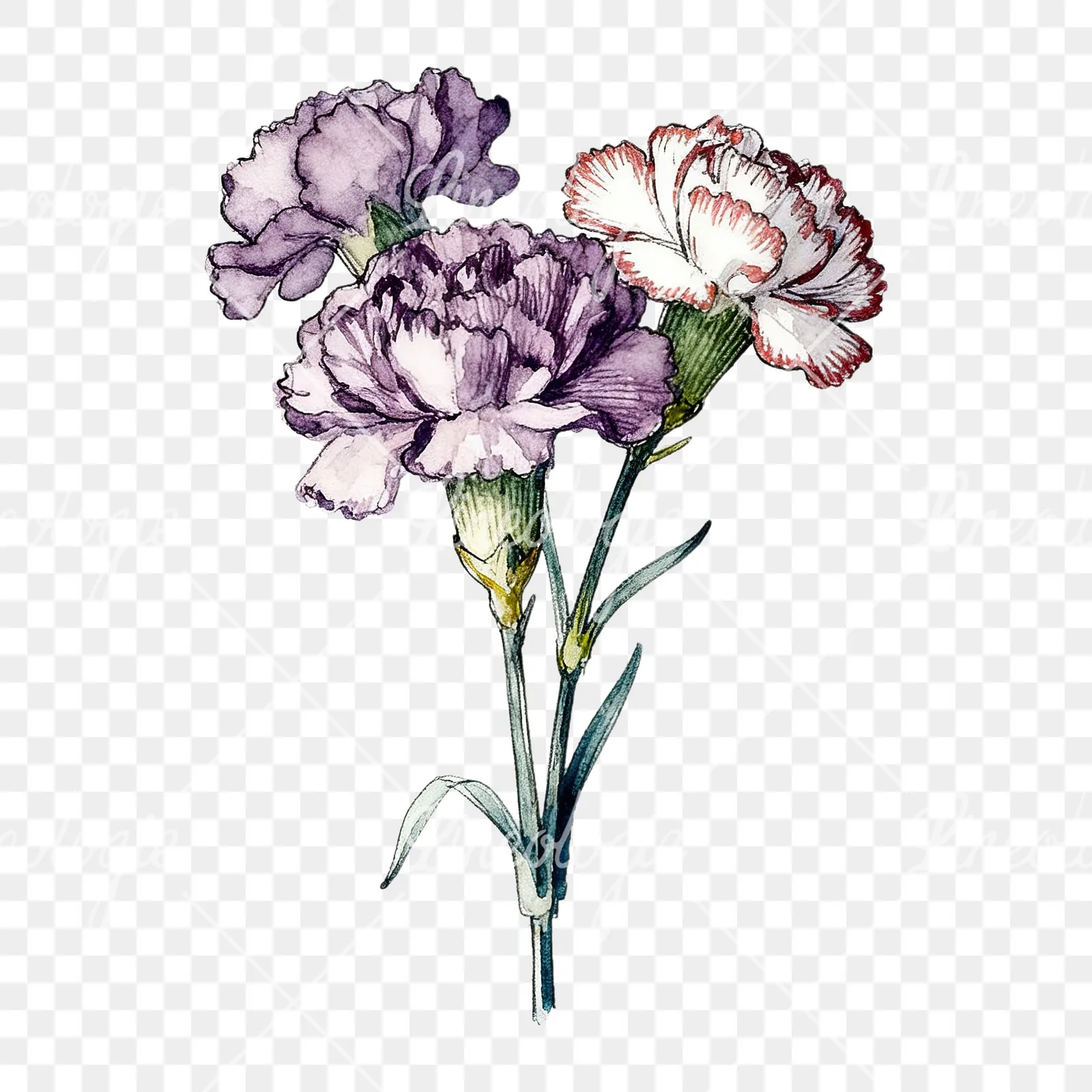 Watercolor carnation bouquet with yellow blooms clipart 7 of 9 on a transparent background (PNG)