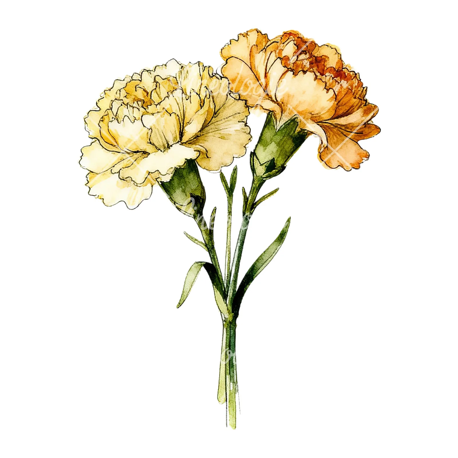 Watercolor carnation bouquet with yellow blooms clipart 8 of 9 on a white background (JPG)