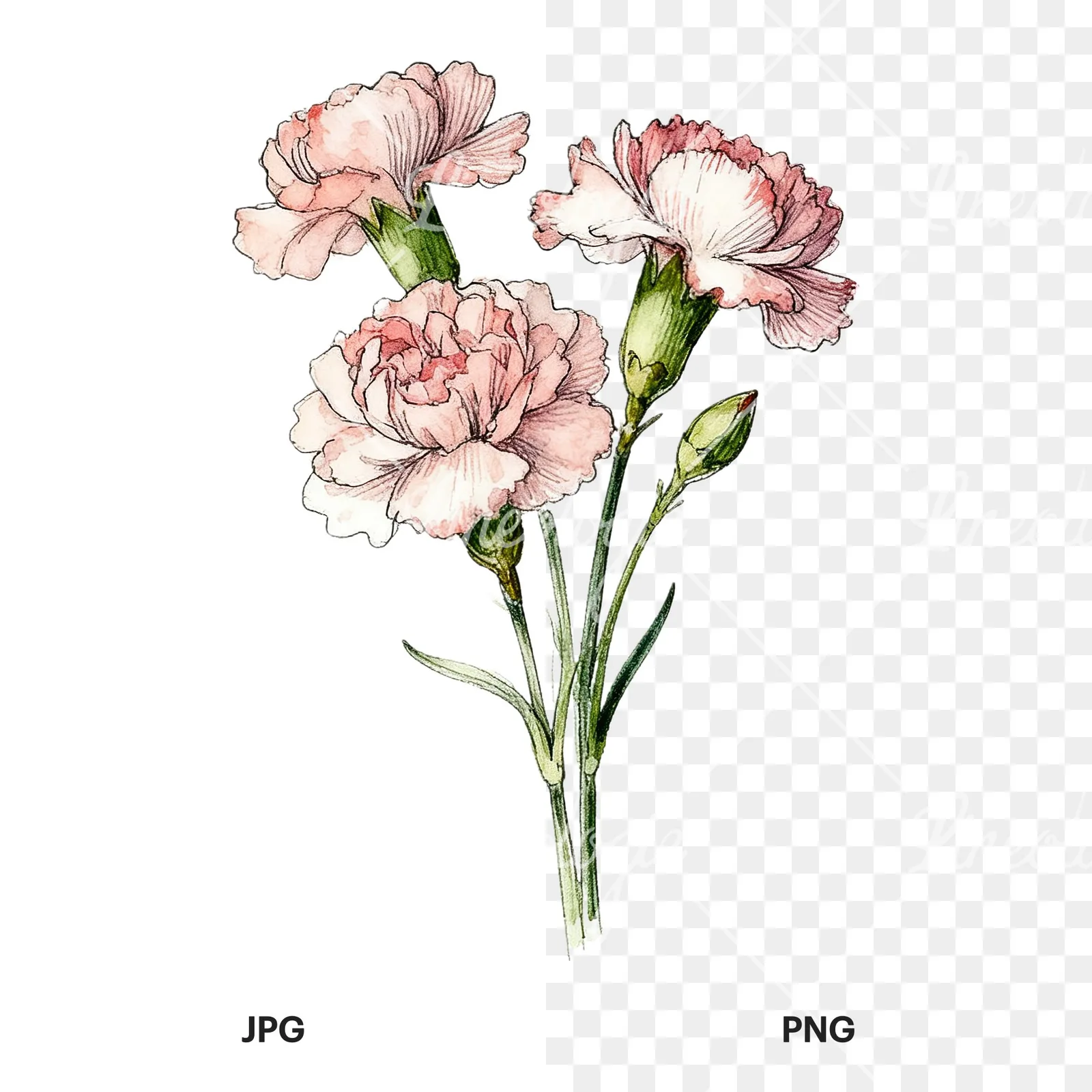 Watercolor carnation bouquet with yellow blooms clipart 9 of 9, as a JPG on white and a transparent PNG