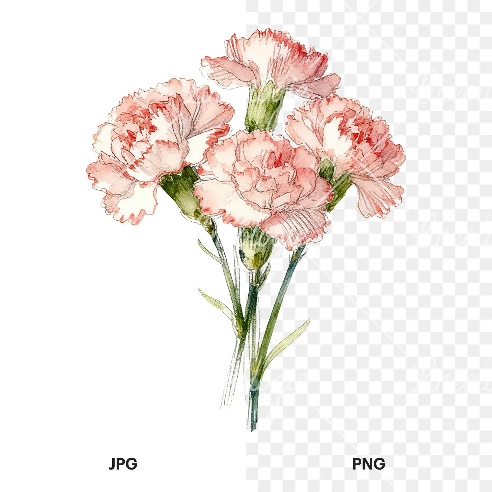 Watercolor carnation flower bouquet clipart 1 of 9, as a JPG on white and a transparent PNG
