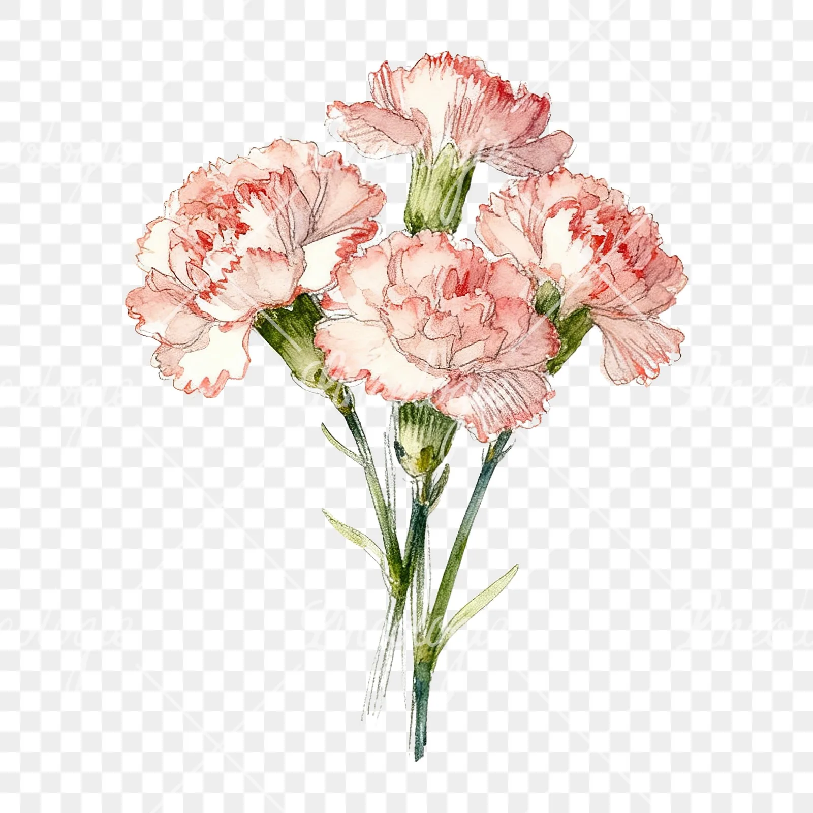 Watercolor carnation flower bouquet clipart 1 of 9 on a transparent background (PNG)