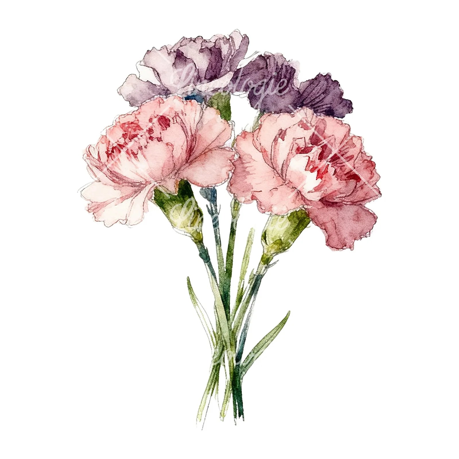 Watercolor carnation flower bouquet clipart 3 of 9 on a white background (JPG)