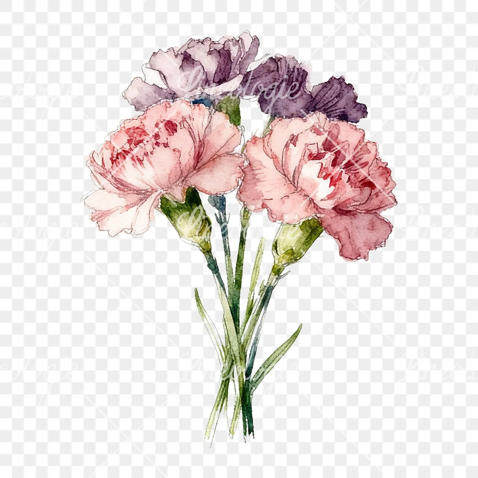Watercolor carnation flower bouquet clipart 3 of 9 on a transparent background (PNG)