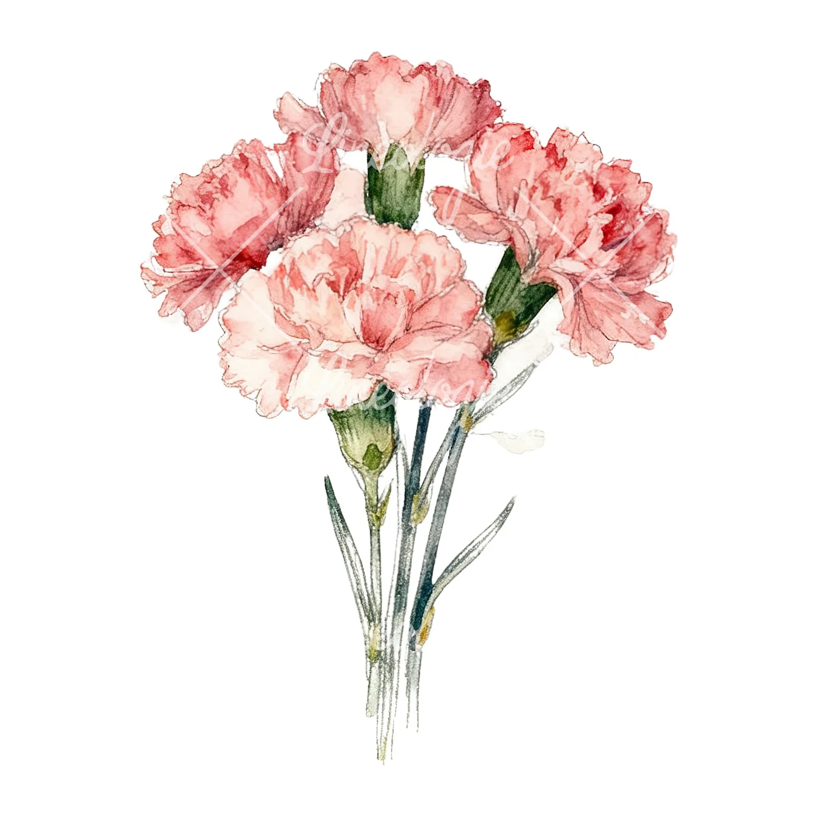 Watercolor carnation flower bouquet clipart 4 of 9 on a white background (JPG)