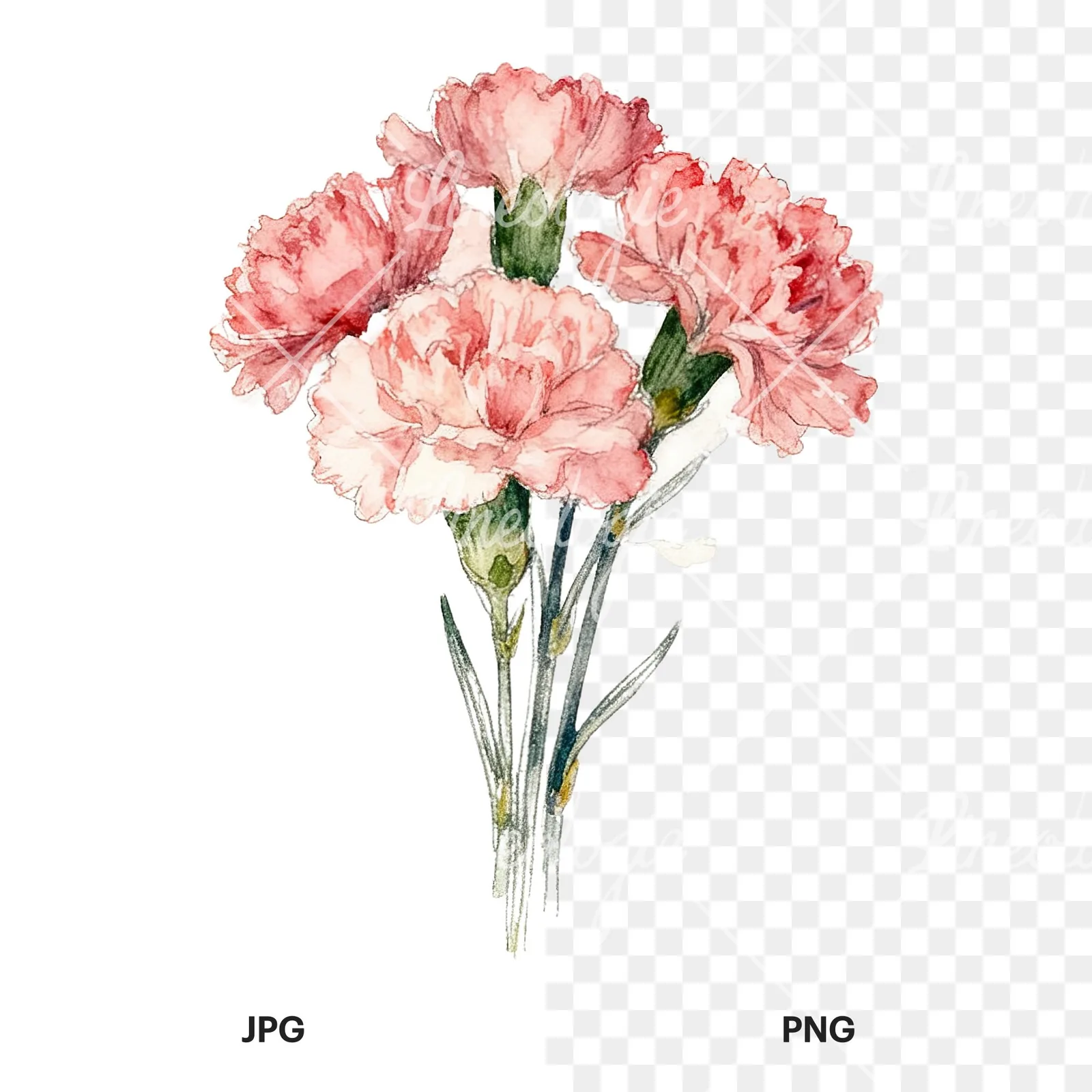 Watercolor carnation flower bouquet clipart 4 of 9, as a JPG on white and a transparent PNG