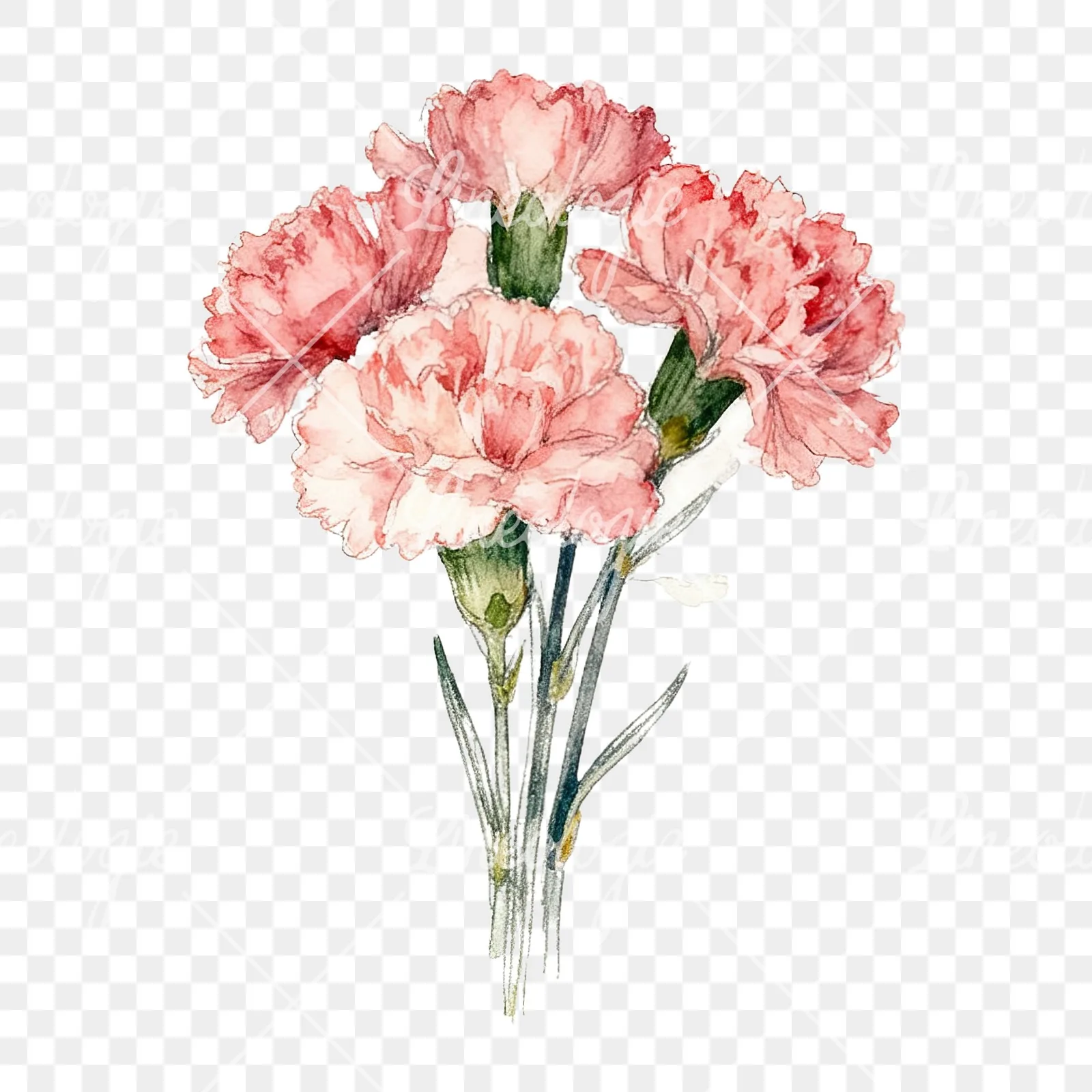 Watercolor carnation flower bouquet clipart 4 of 9 on a transparent background (PNG)