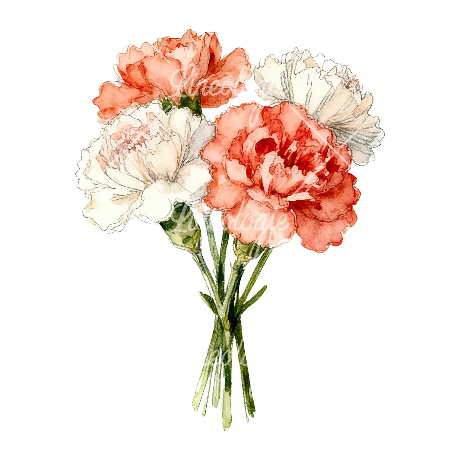 Watercolor carnation flower bouquet clipart 6 of 9 on a white background (JPG)
