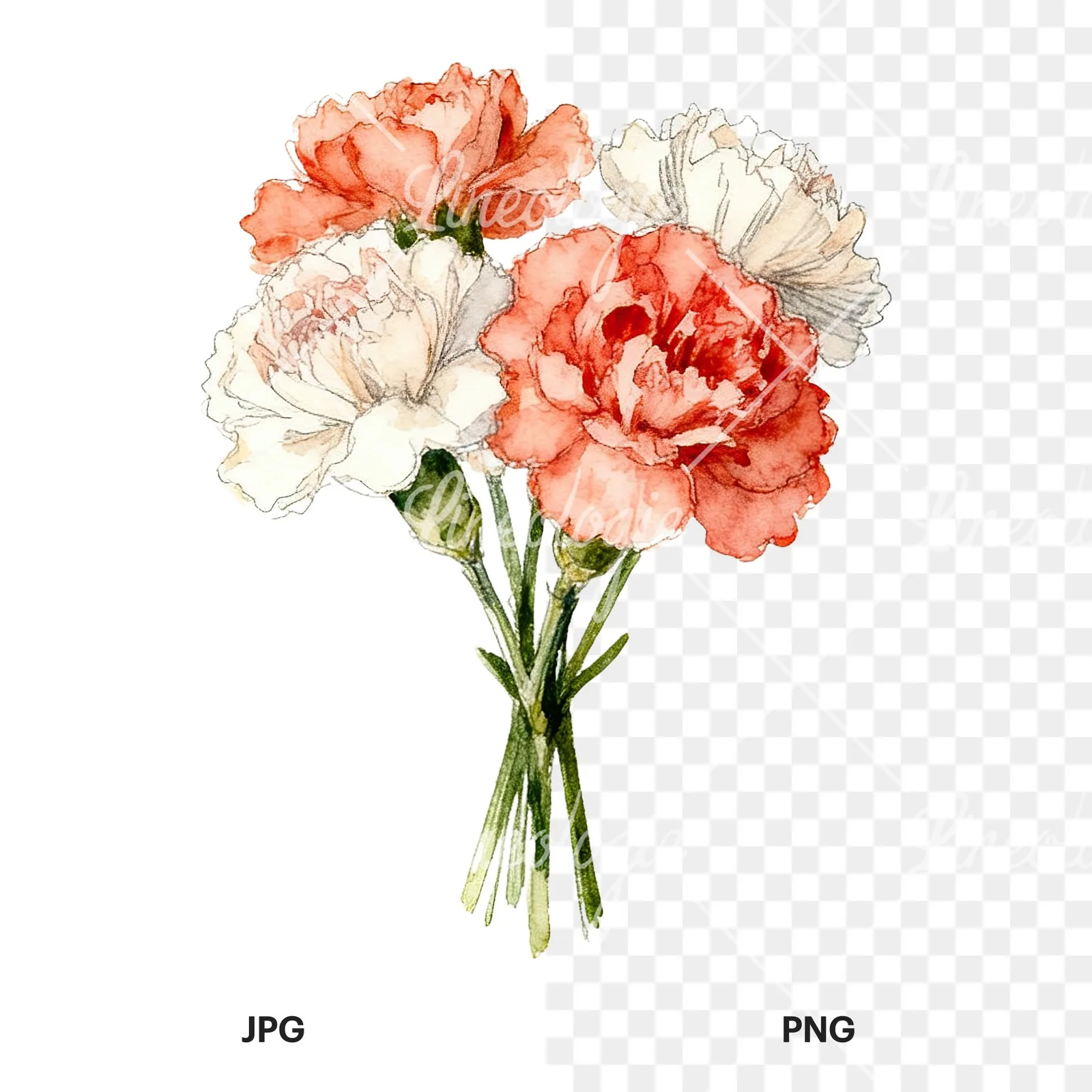 Watercolor carnation flower bouquet clipart 6 of 9, as a JPG on white and a transparent PNG