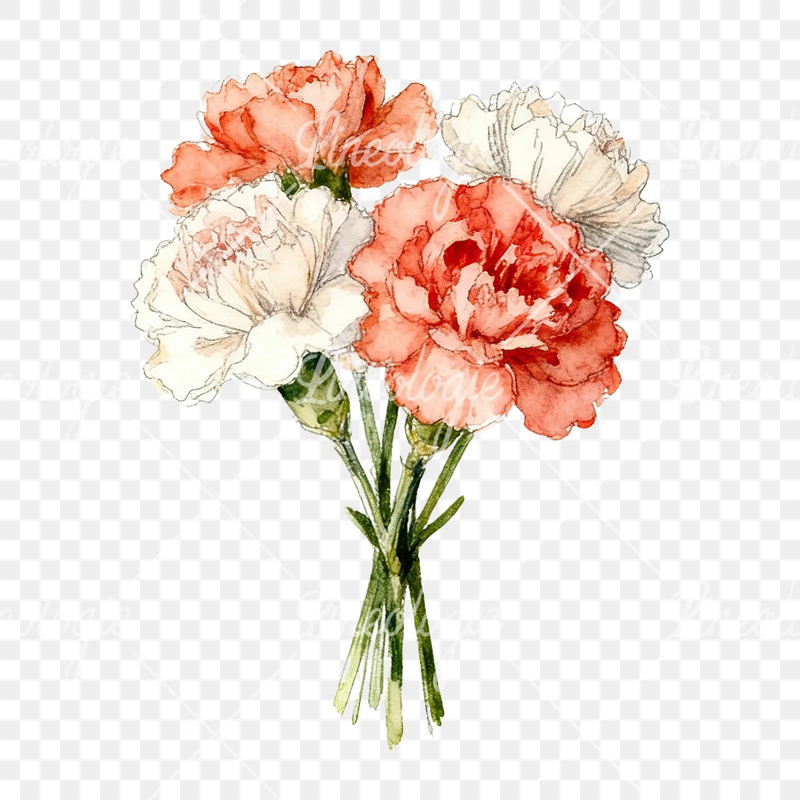 Watercolor carnation flower bouquet clipart 6 of 9 on a transparent background (PNG)