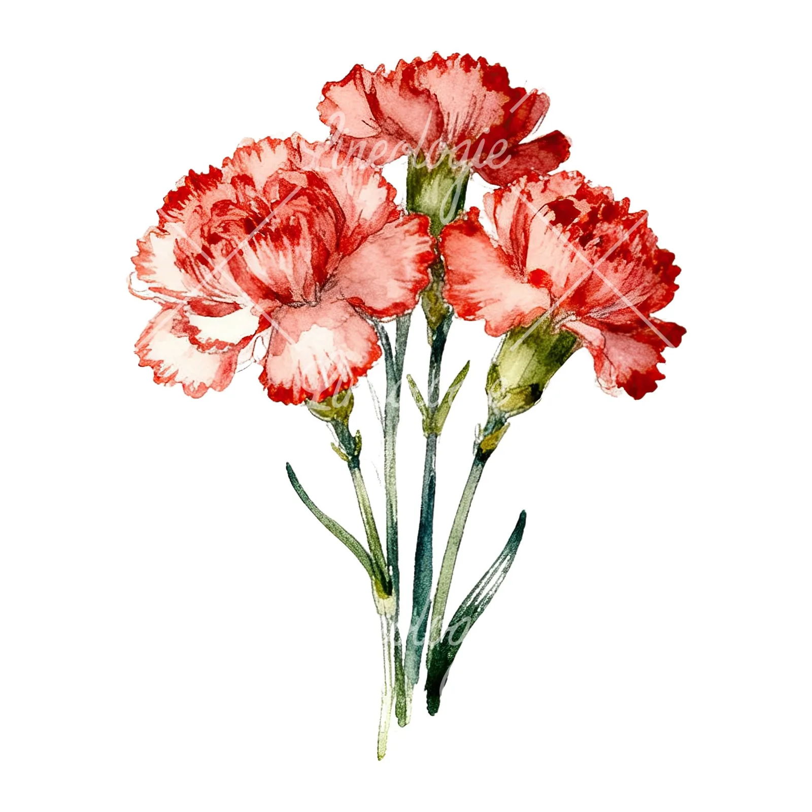 Watercolor carnation flower bouquet clipart 7 of 9 on a white background (JPG)