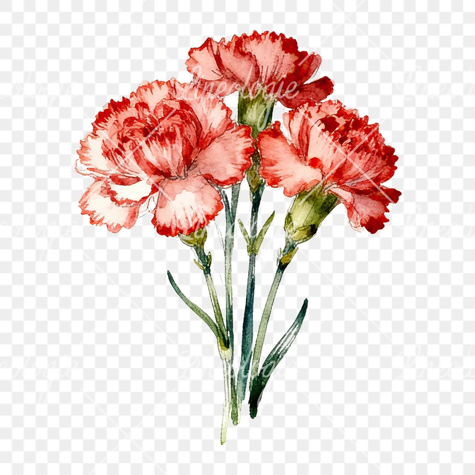 Watercolor carnation flower bouquet clipart 7 of 9 on a transparent background (PNG)