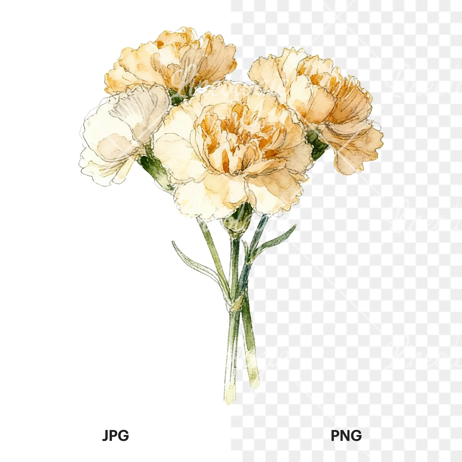 Watercolor carnation flower bouquet clipart 8 of 9, as a JPG on white and a transparent PNG