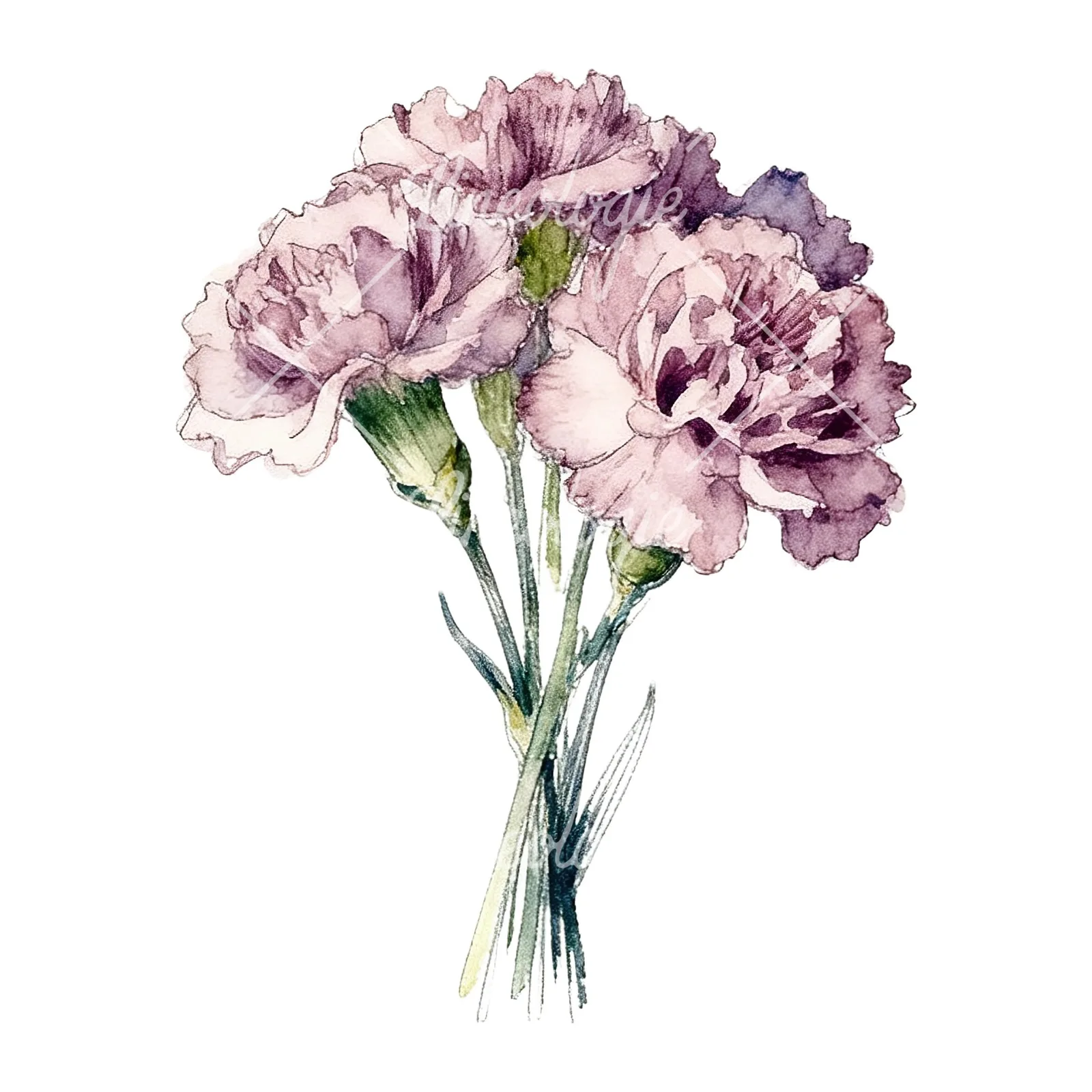 Watercolor carnation flower bouquet clipart 9 of 9 on a white background (JPG)