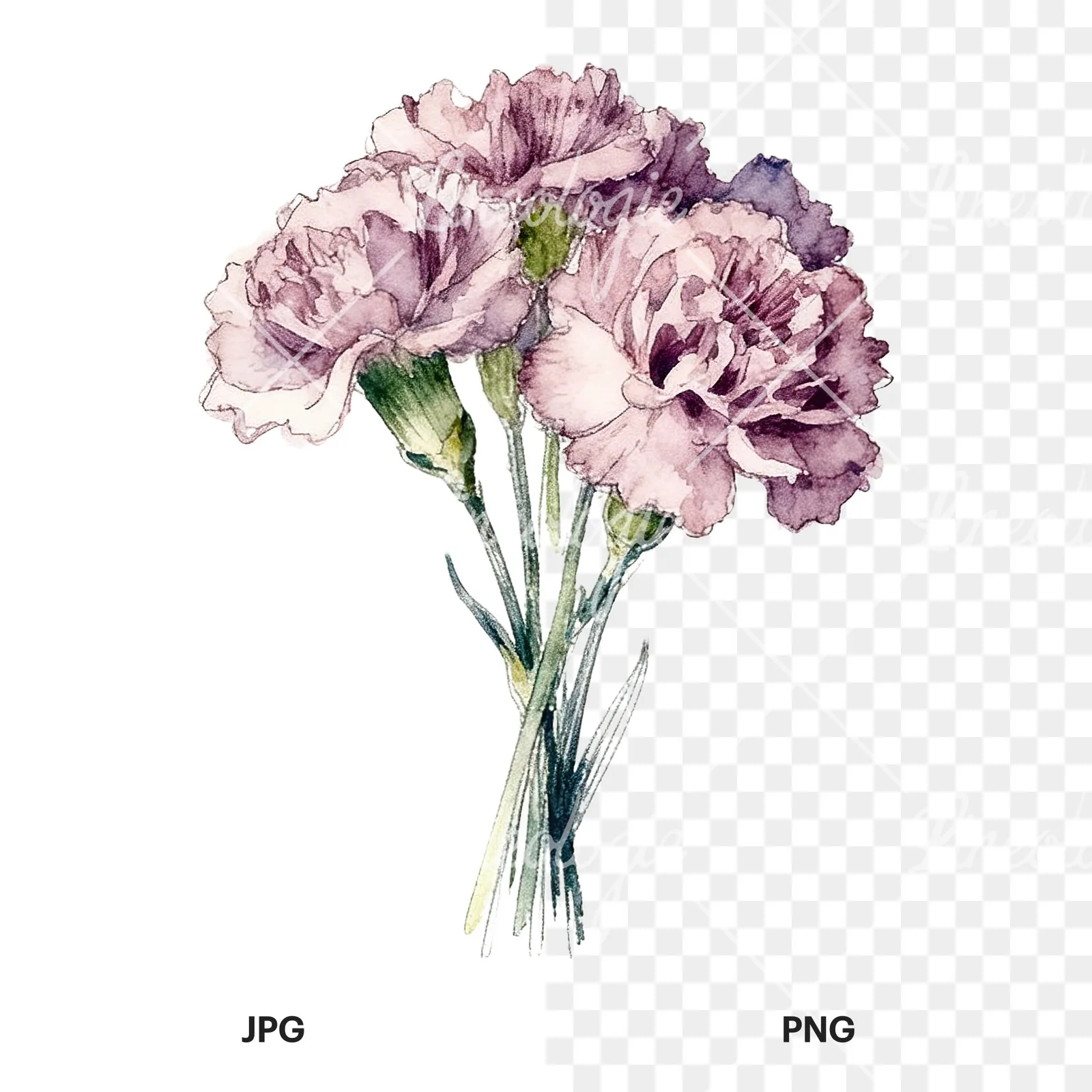 Watercolor carnation flower bouquet clipart 9 of 9, as a JPG on white and a transparent PNG