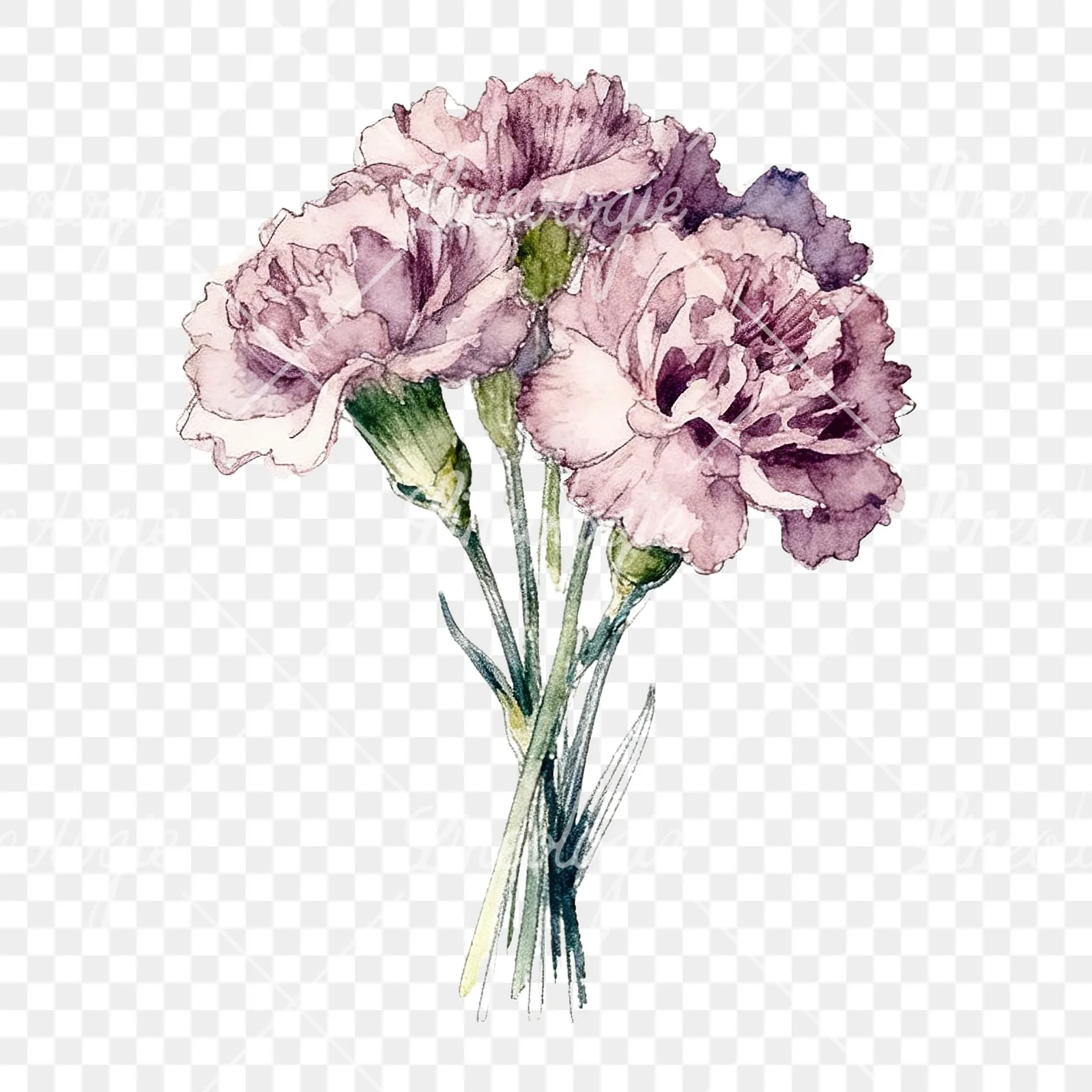 Watercolor carnation flower bouquet clipart 9 of 9 on a transparent background (PNG)