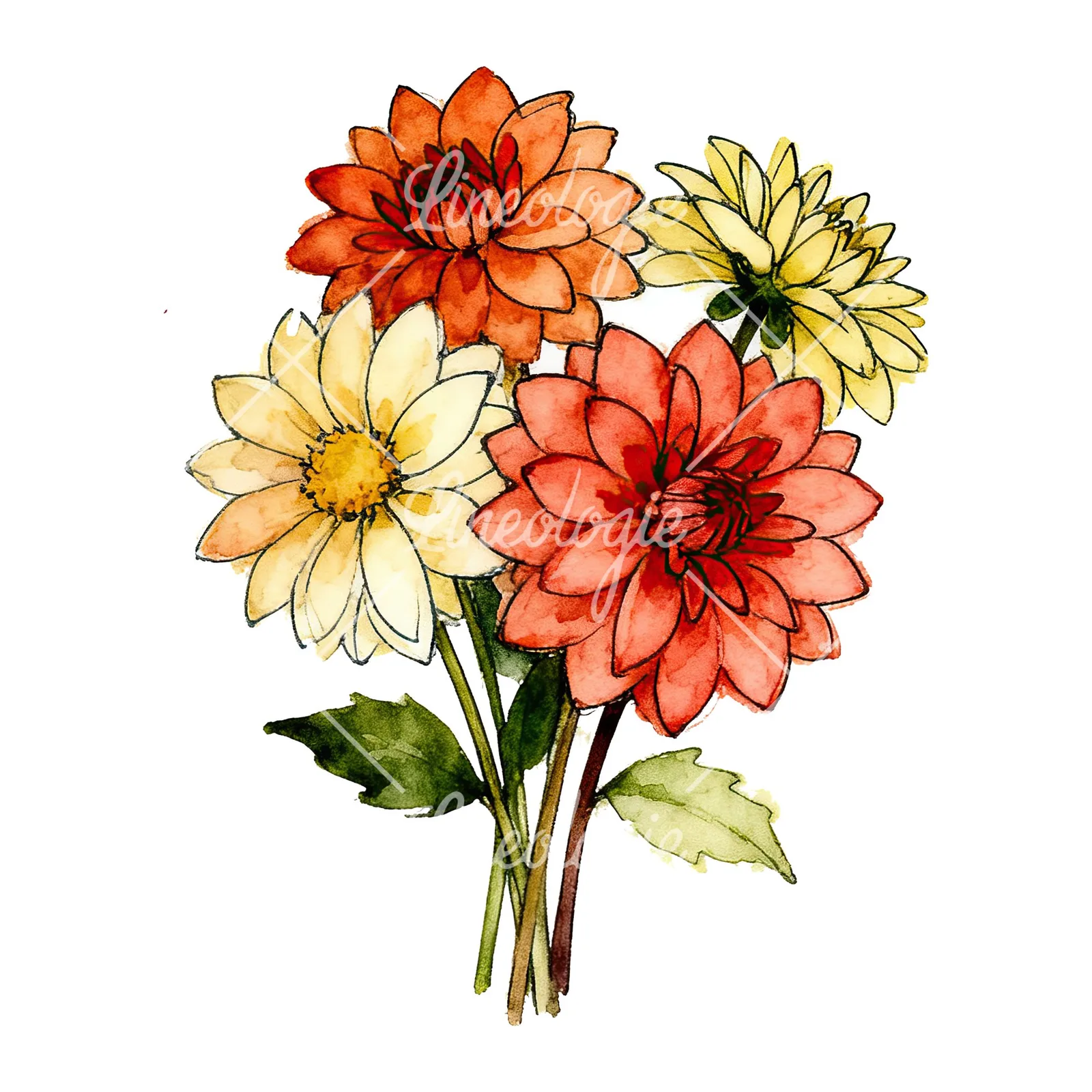 Watercolor dahlia bouquet with buds clipart 2 of 9 on a white background (JPG)