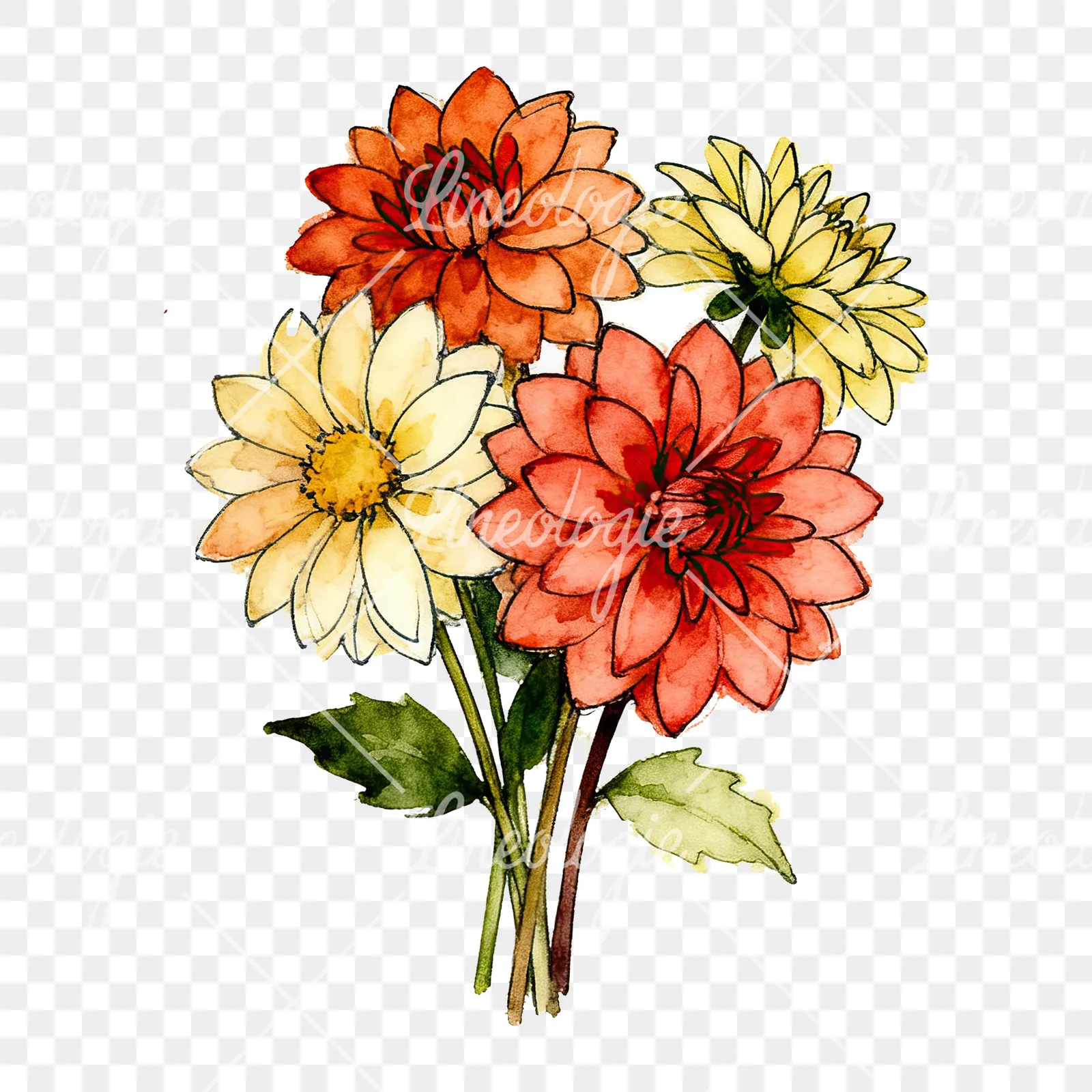 Watercolor dahlia bouquet with buds clipart 2 of 9 on a transparent background (PNG)