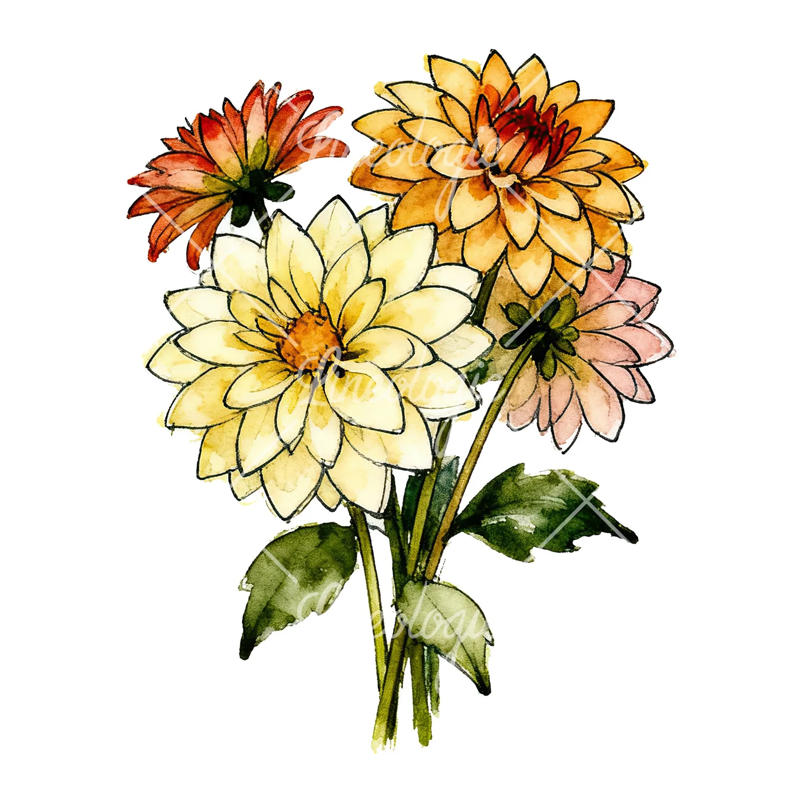 Watercolor dahlia bouquet with buds clipart 4 of 9 on a white background (JPG)