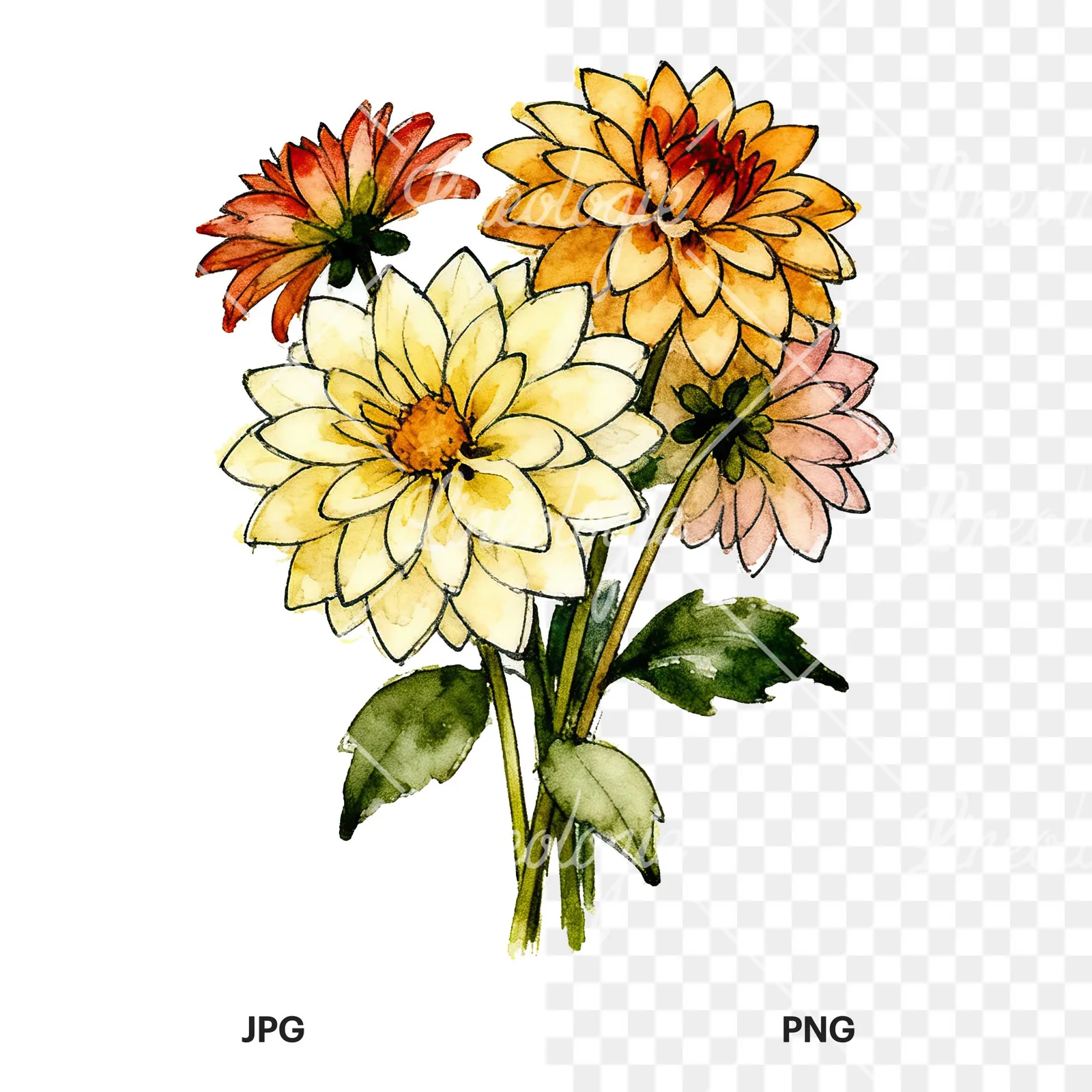 Watercolor dahlia bouquet with buds clipart 4 of 9, as a JPG on white and a transparent PNG