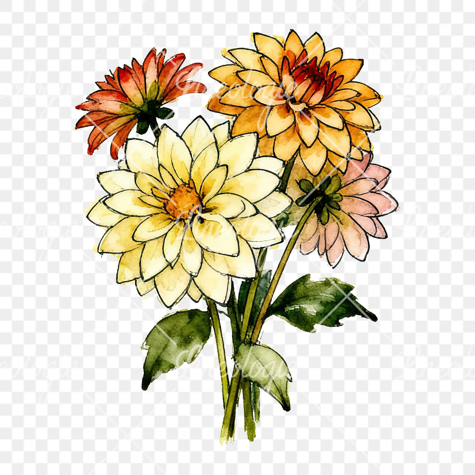 Watercolor dahlia bouquet with buds clipart 4 of 9 on a transparent background (PNG)