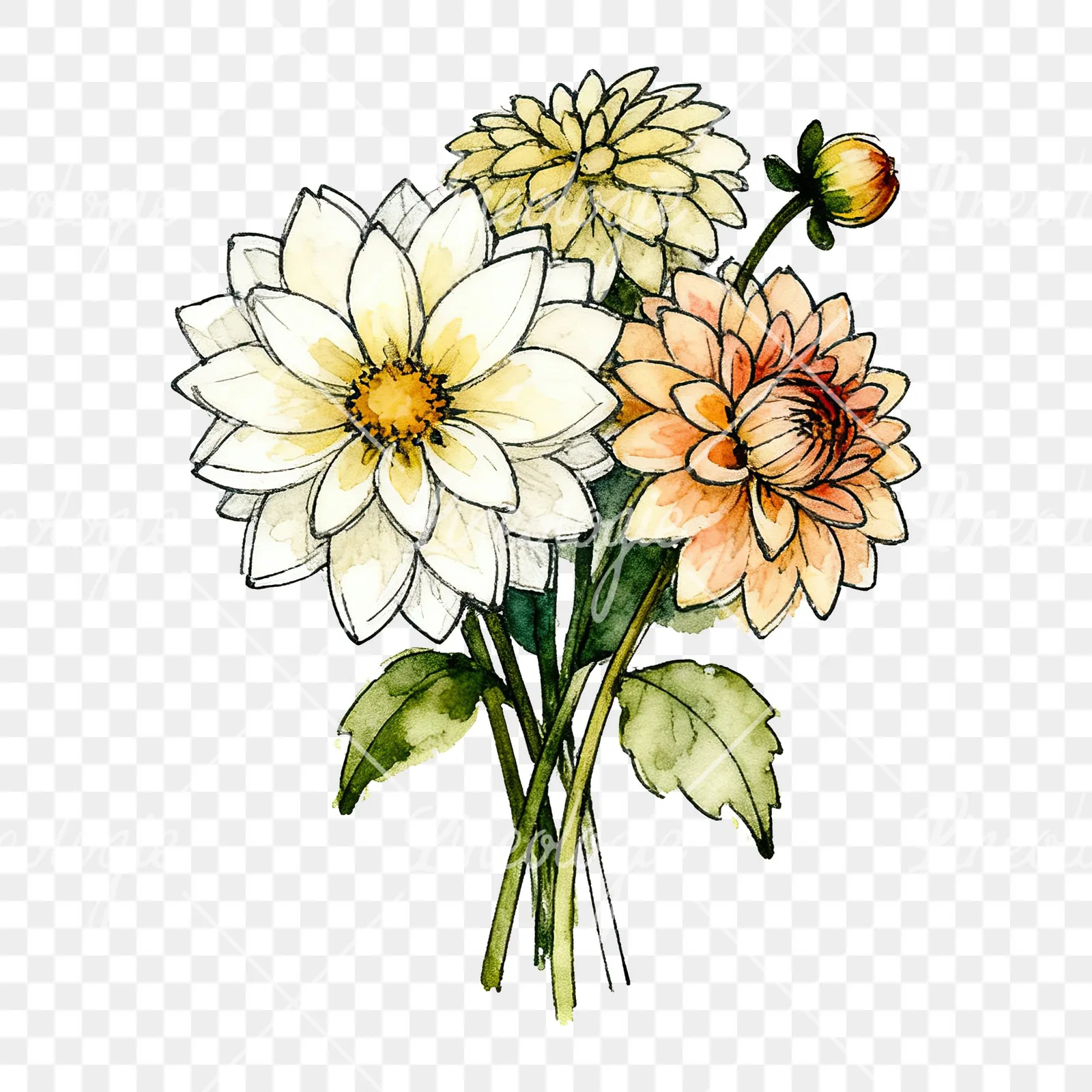 Watercolor dahlia bouquet with buds clipart 7 of 9 on a transparent background (PNG)