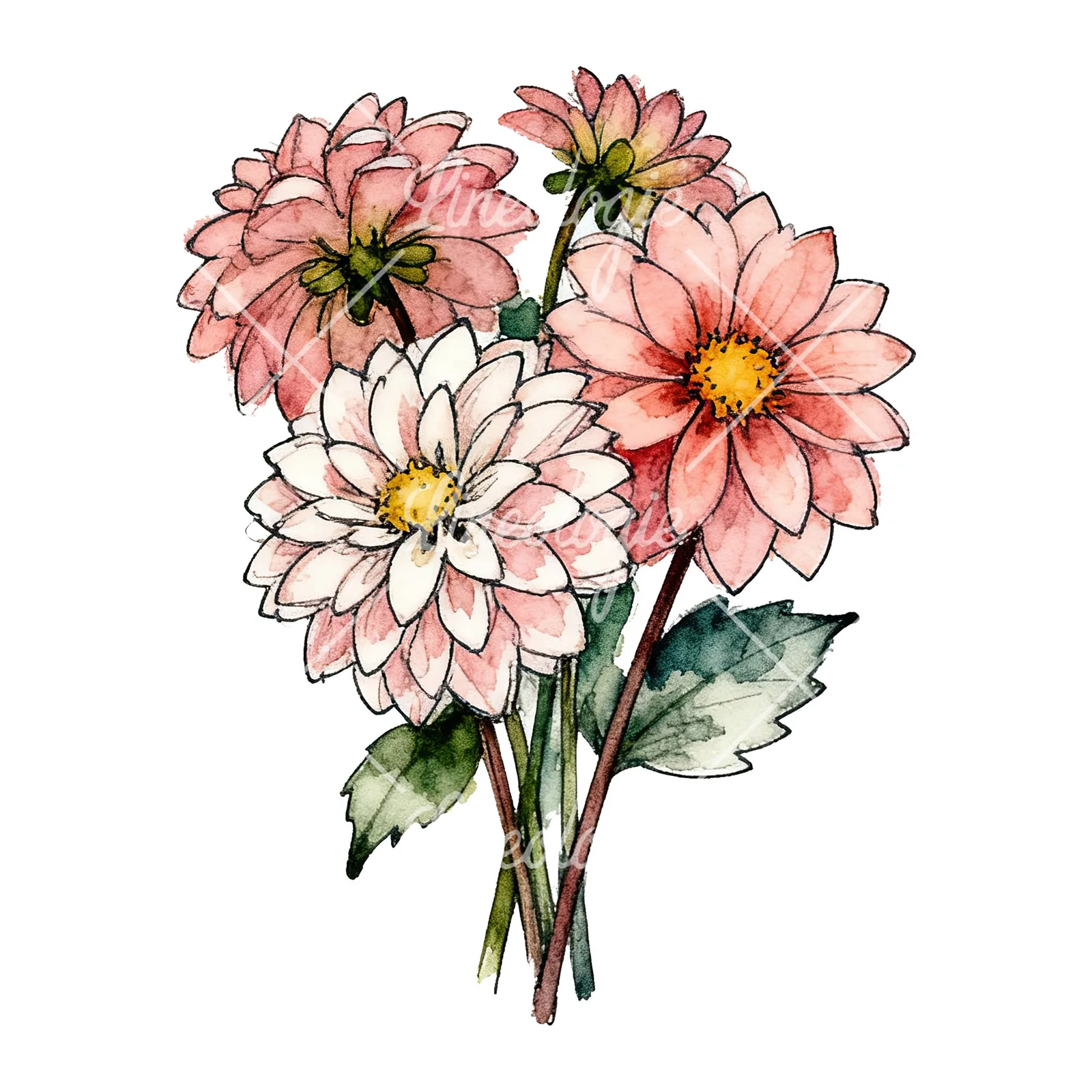 Watercolor dahlia bouquet with buds clipart 8 of 9 on a white background (JPG)
