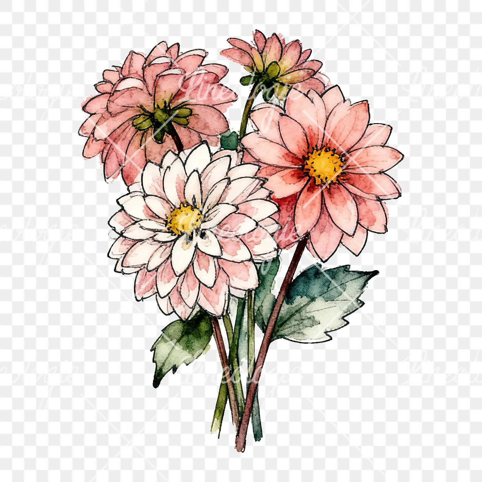 Watercolor dahlia bouquet with buds clipart 8 of 9 on a transparent background (PNG)