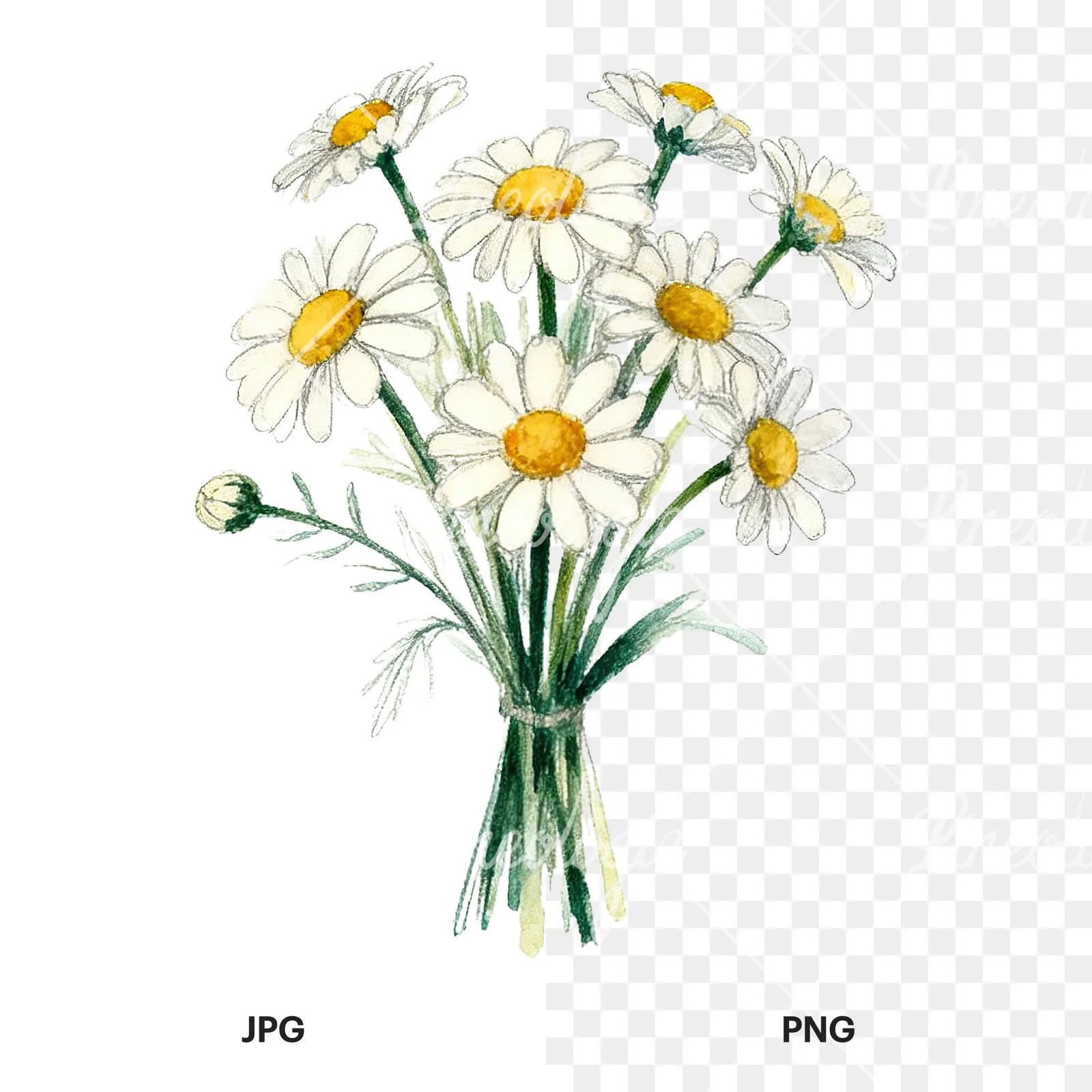 Watercolor colorful daisy bouquet clipart 1 of 9, as a JPG on white and a transparent PNG