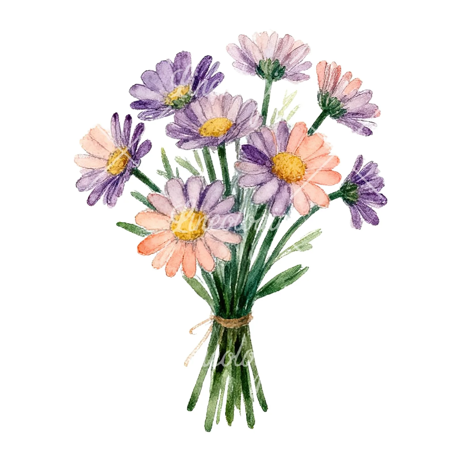 Watercolor colorful daisy bouquet clipart 2 of 9 on a white background (JPG)