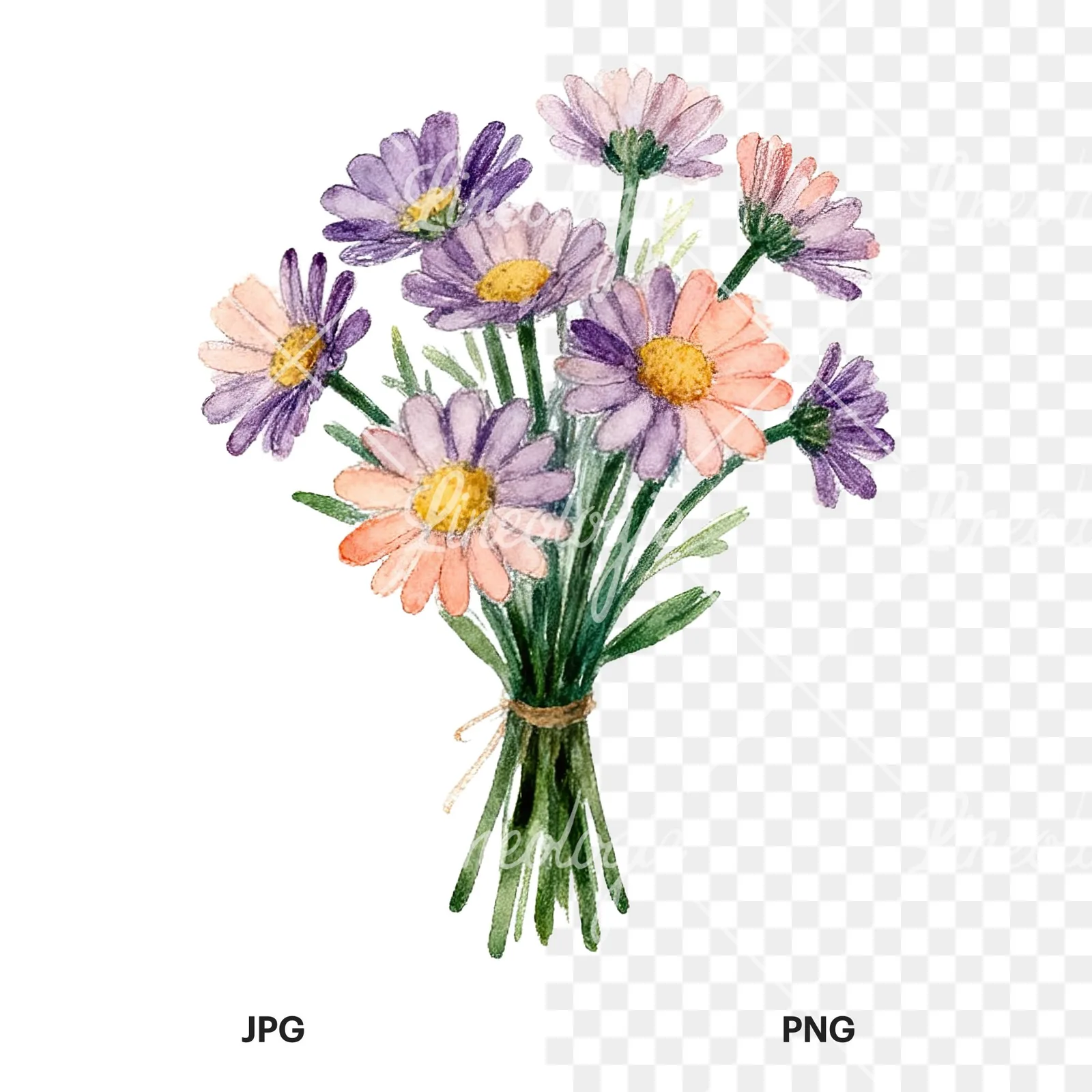 Watercolor colorful daisy bouquet clipart 2 of 9, as a JPG on white and a transparent PNG