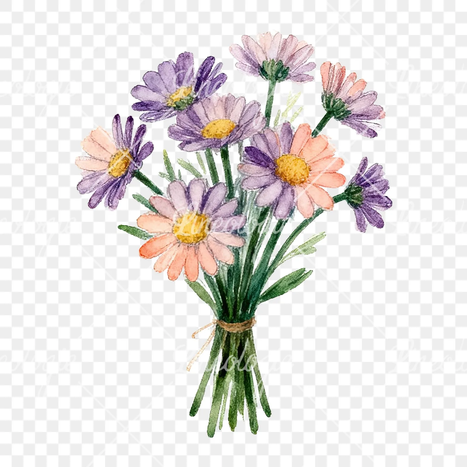 Watercolor colorful daisy bouquet clipart 2 of 9 on a transparent background (PNG)