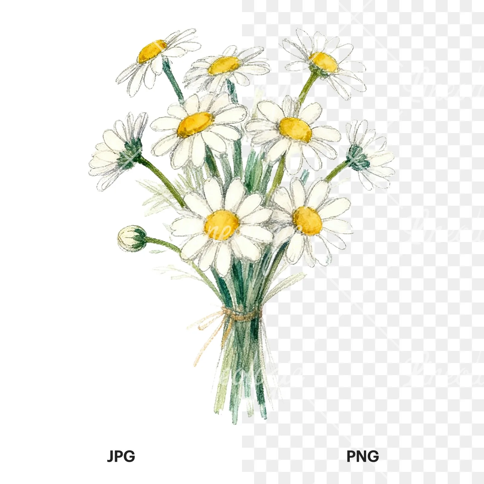 Watercolor colorful daisy bouquet clipart 3 of 9, as a JPG on white and a transparent PNG