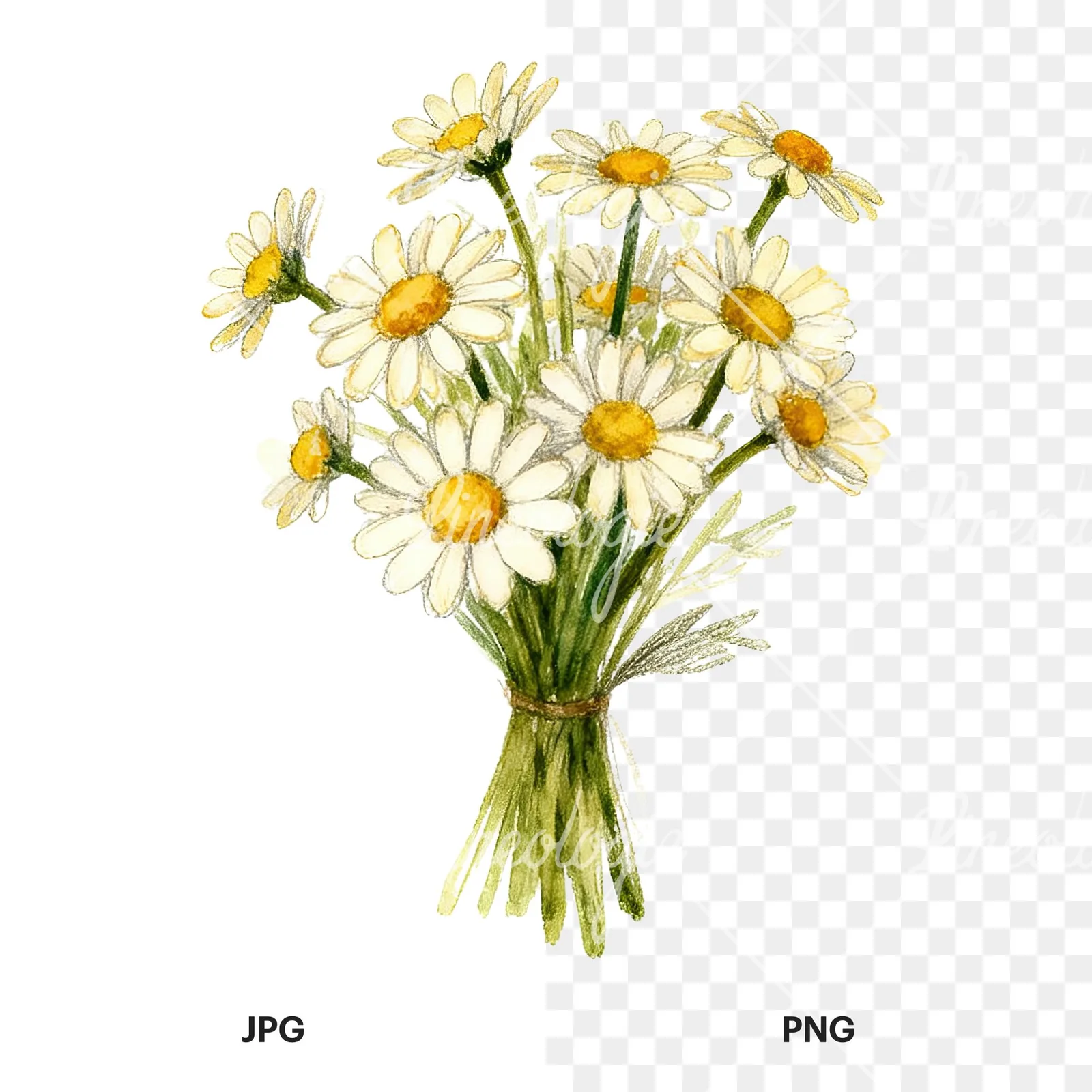 Watercolor colorful daisy bouquet clipart 4 of 9, as a JPG on white and a transparent PNG