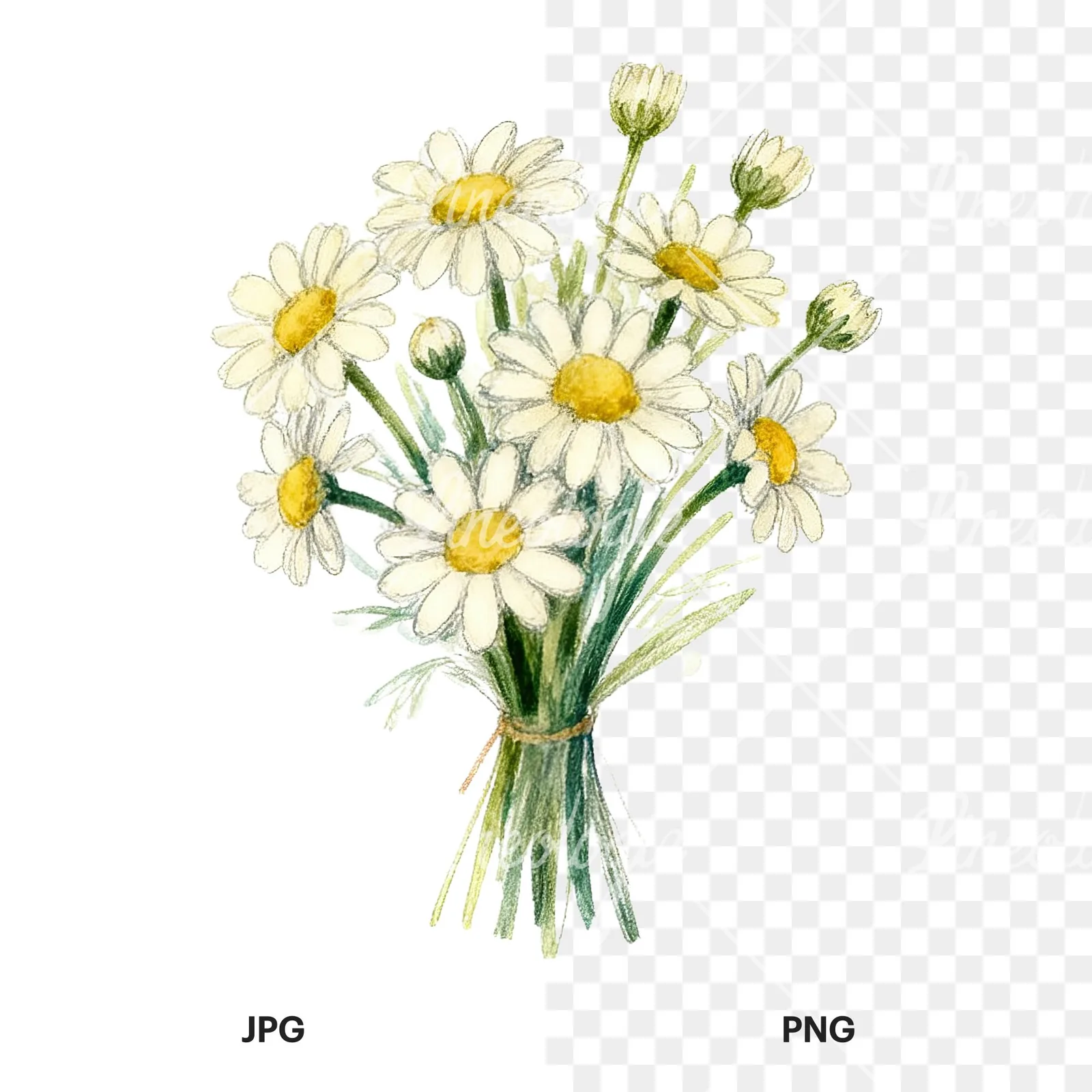Watercolor colorful daisy bouquet clipart 6 of 9, as a JPG on white and a transparent PNG
