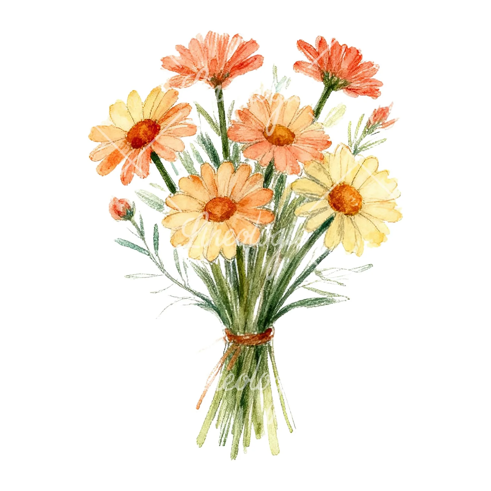 Watercolor colorful daisy bouquet clipart 9 of 9 on a white background (JPG)
